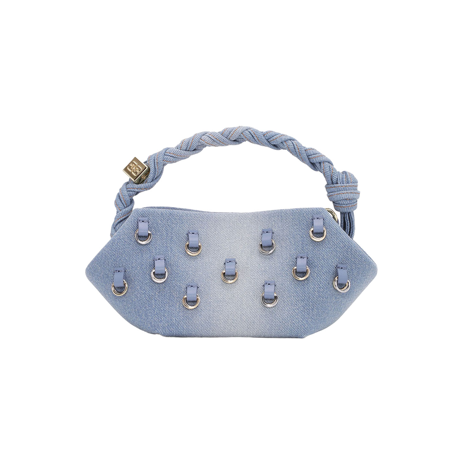 Ganni A6512 Bou Mini Tasche mit gold- und silberfarbenen Charms aus hellblauem Denimstoff von Ganni. Hinten