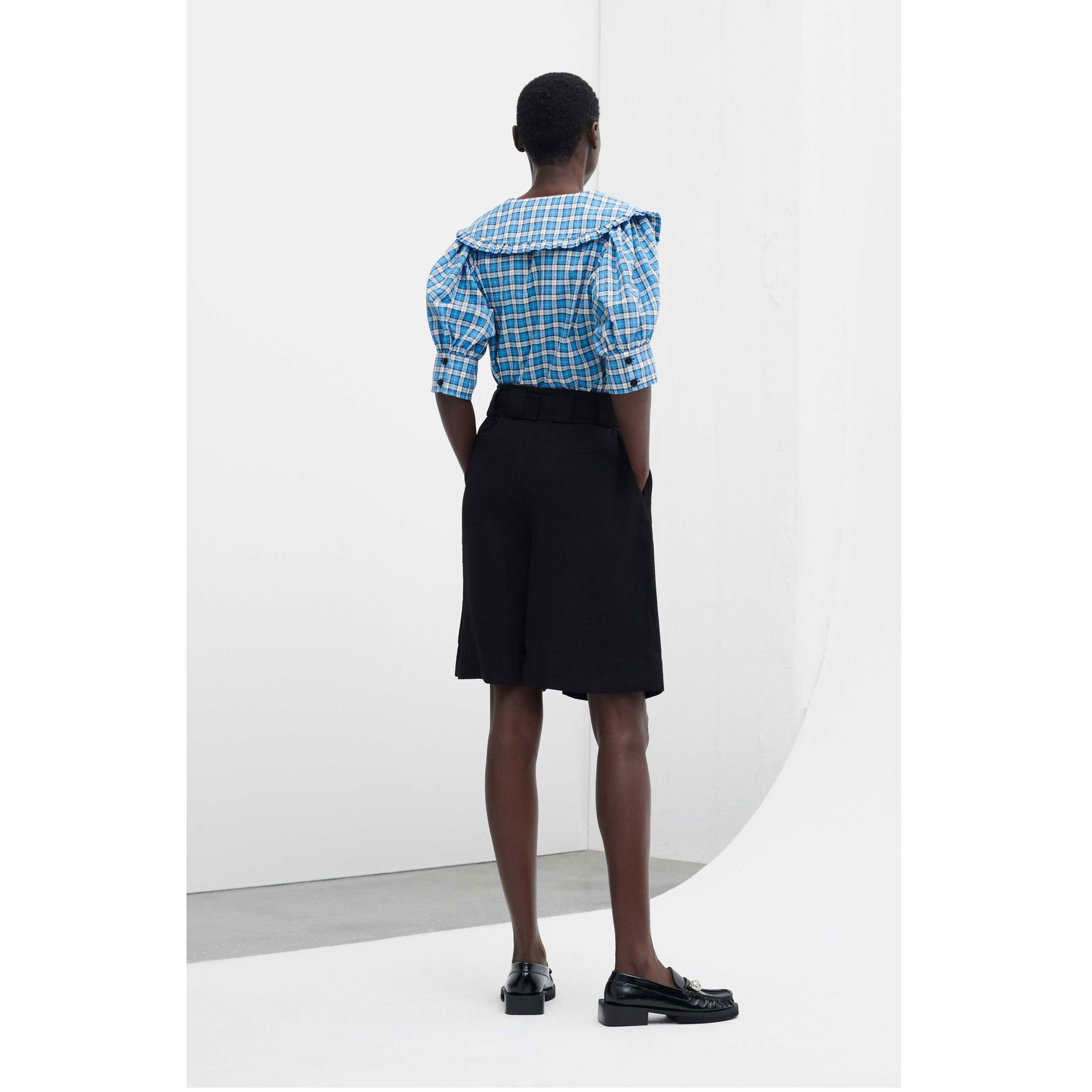 Ganni Seersucker Bluse Check Azure Blue