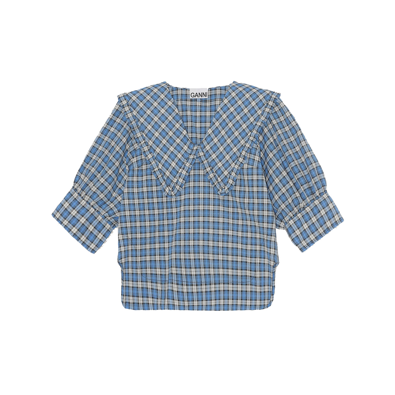 Ganni Seersucker Bluse Check Azure Blue
