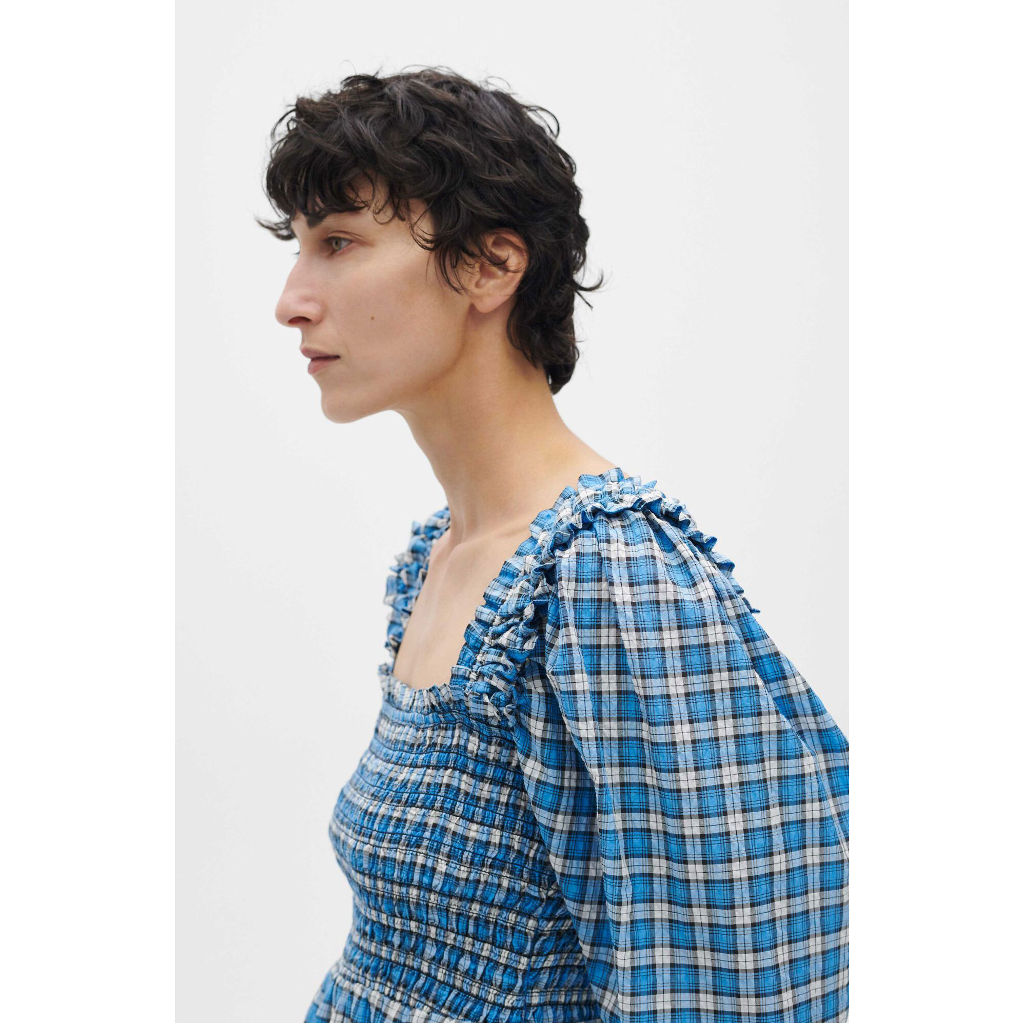 Ganni Seersucker Midi Kleid Check Azure Blue