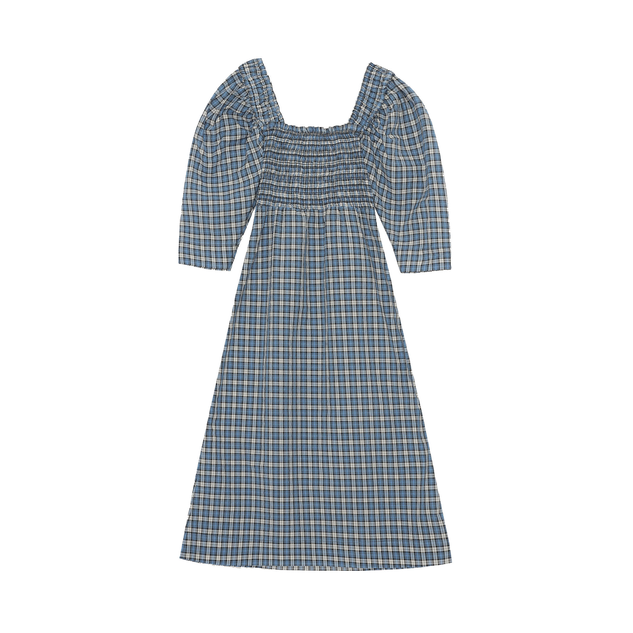 Ganni Seersucker Midi Kleid Check Azure Blue