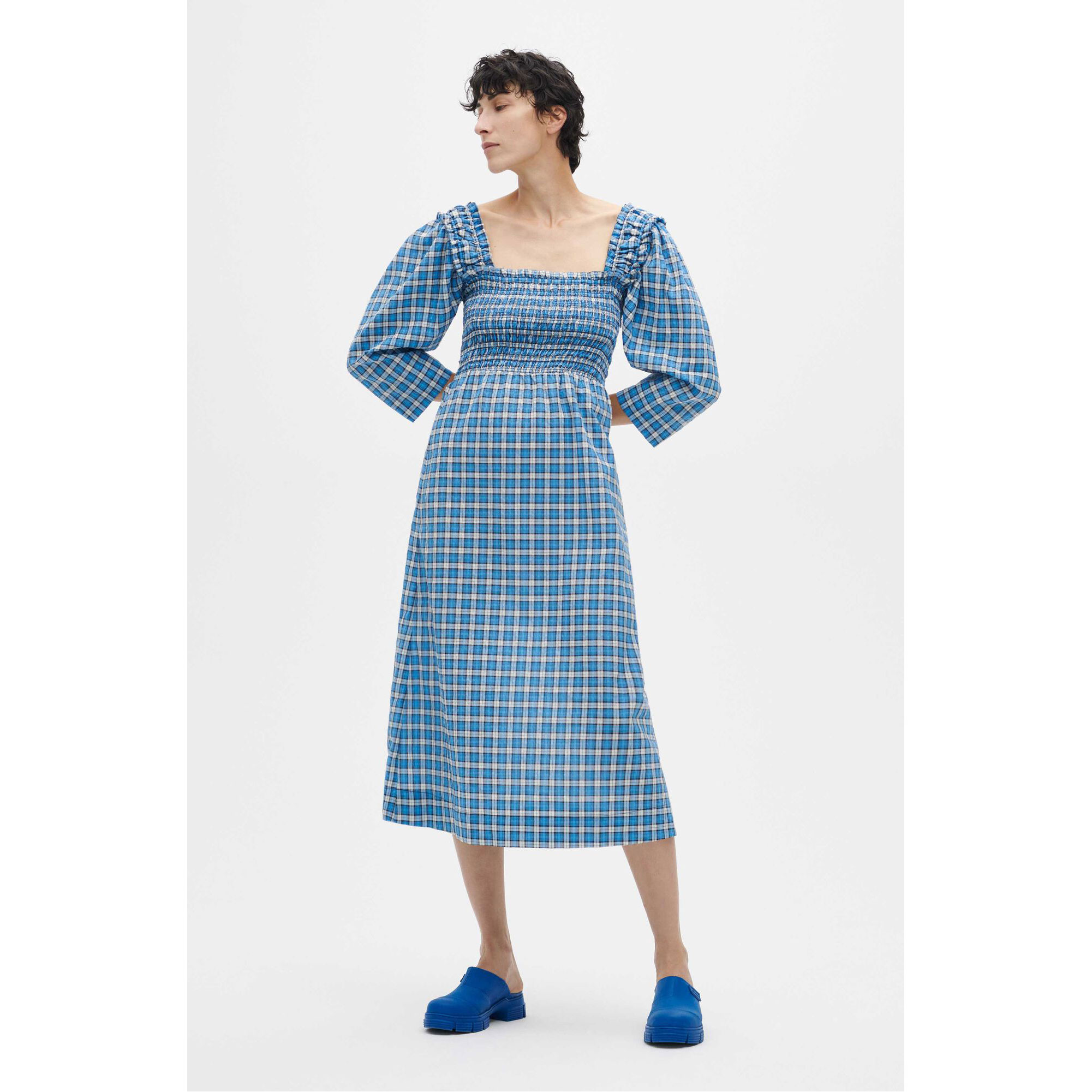 Ganni Seersucker Midi Kleid Check Azure Blue