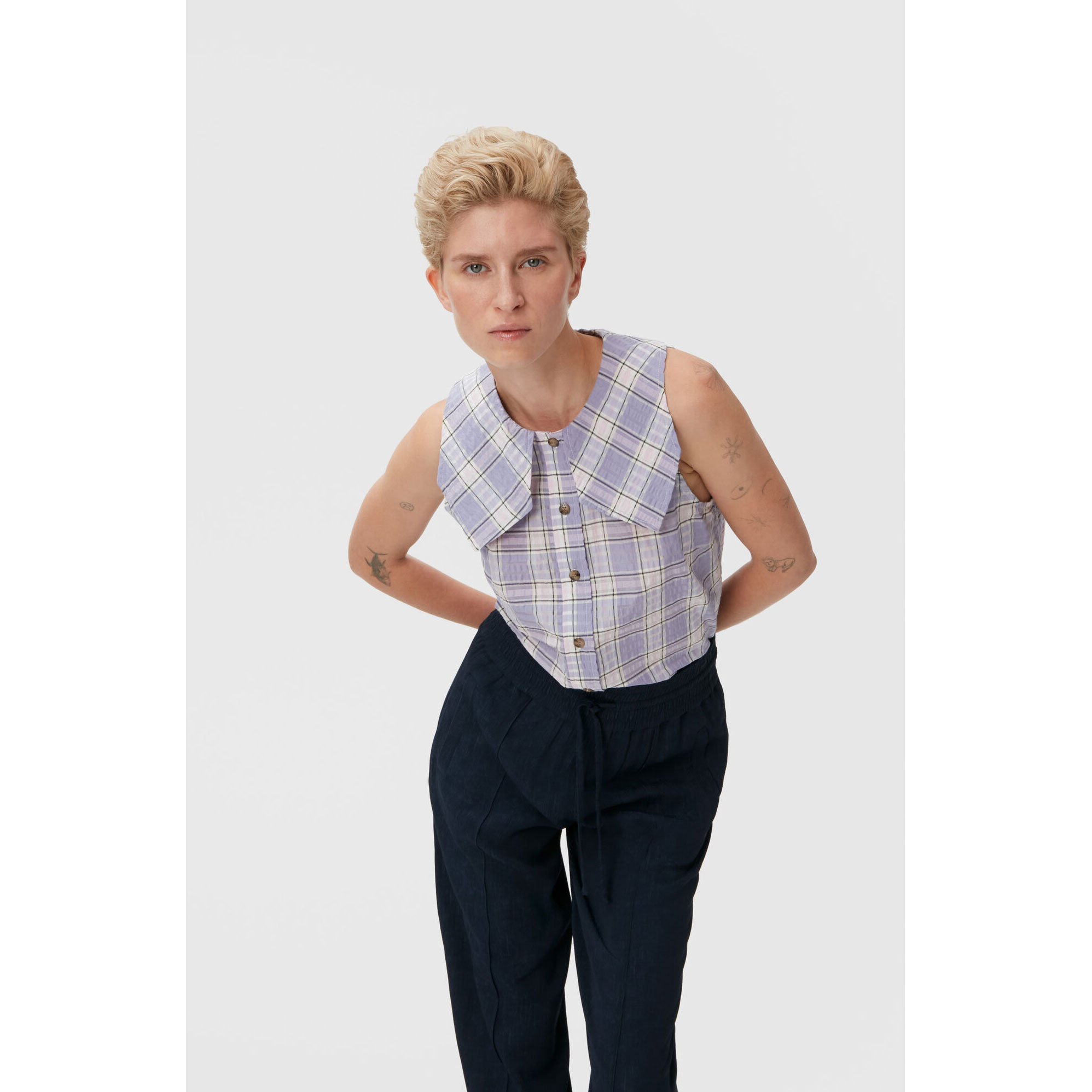 Ganni Seersucker Bluse Check Persian Violet