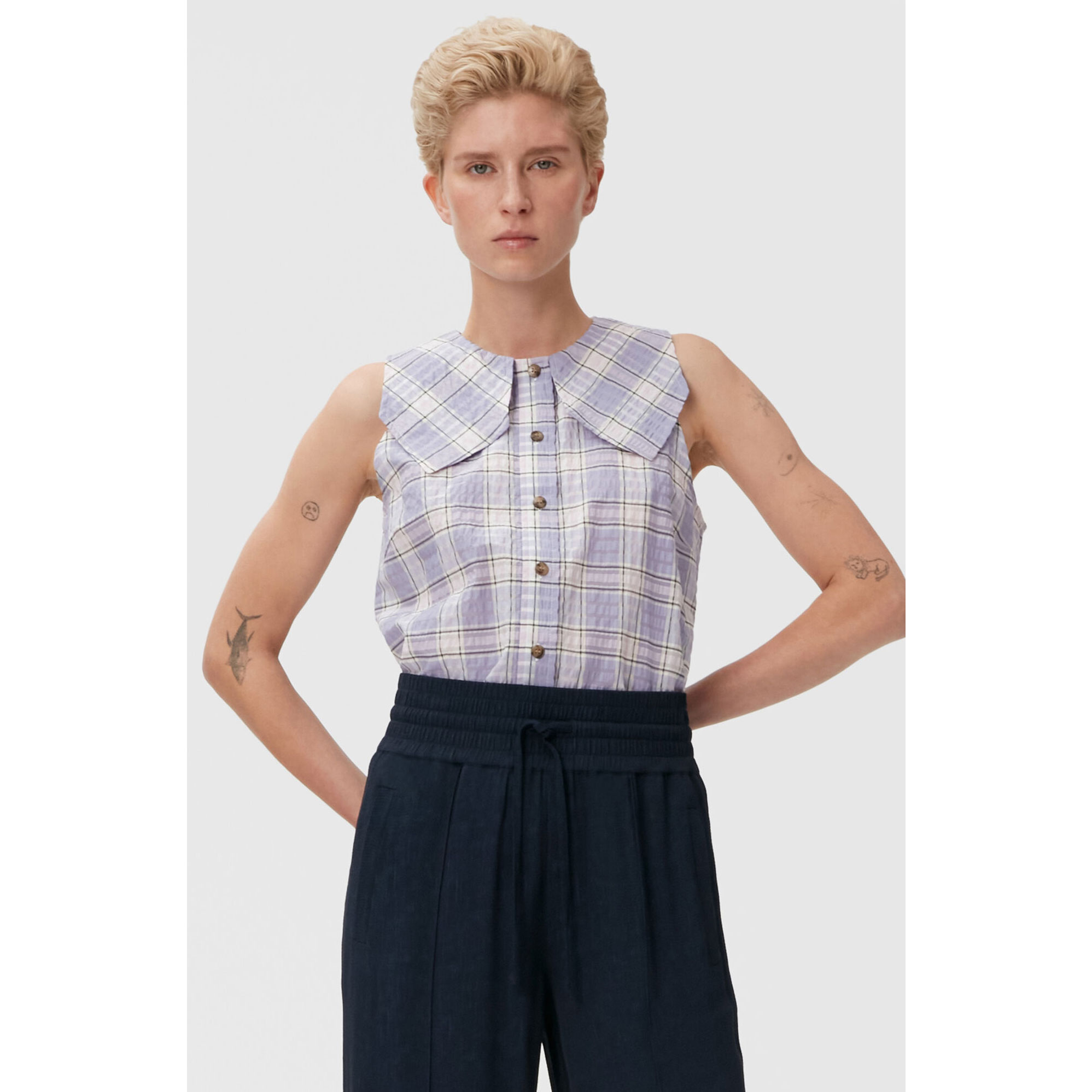 Ganni Seersucker Bluse Check Persian Violet