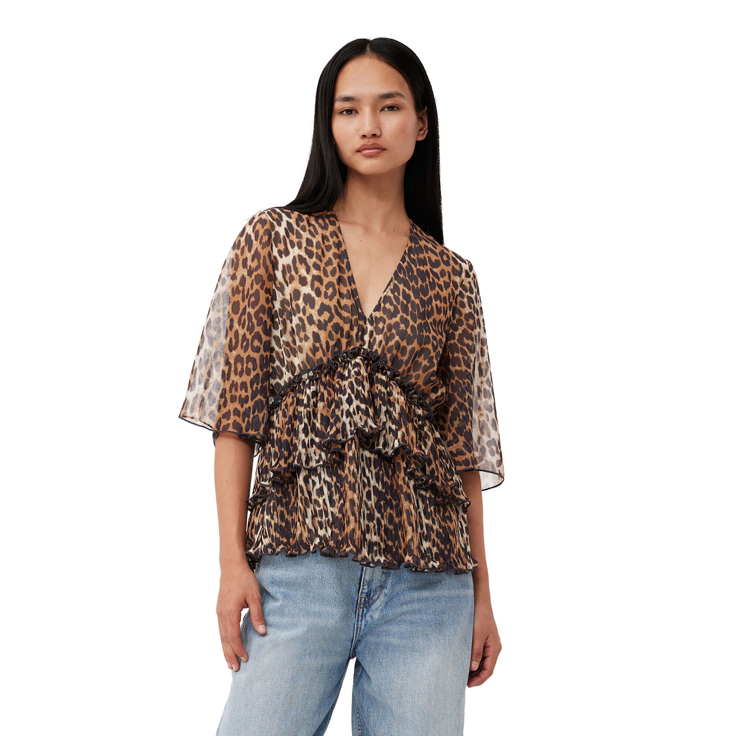 Ganni Pleated Georgette Flounce Bluse Almond Milk