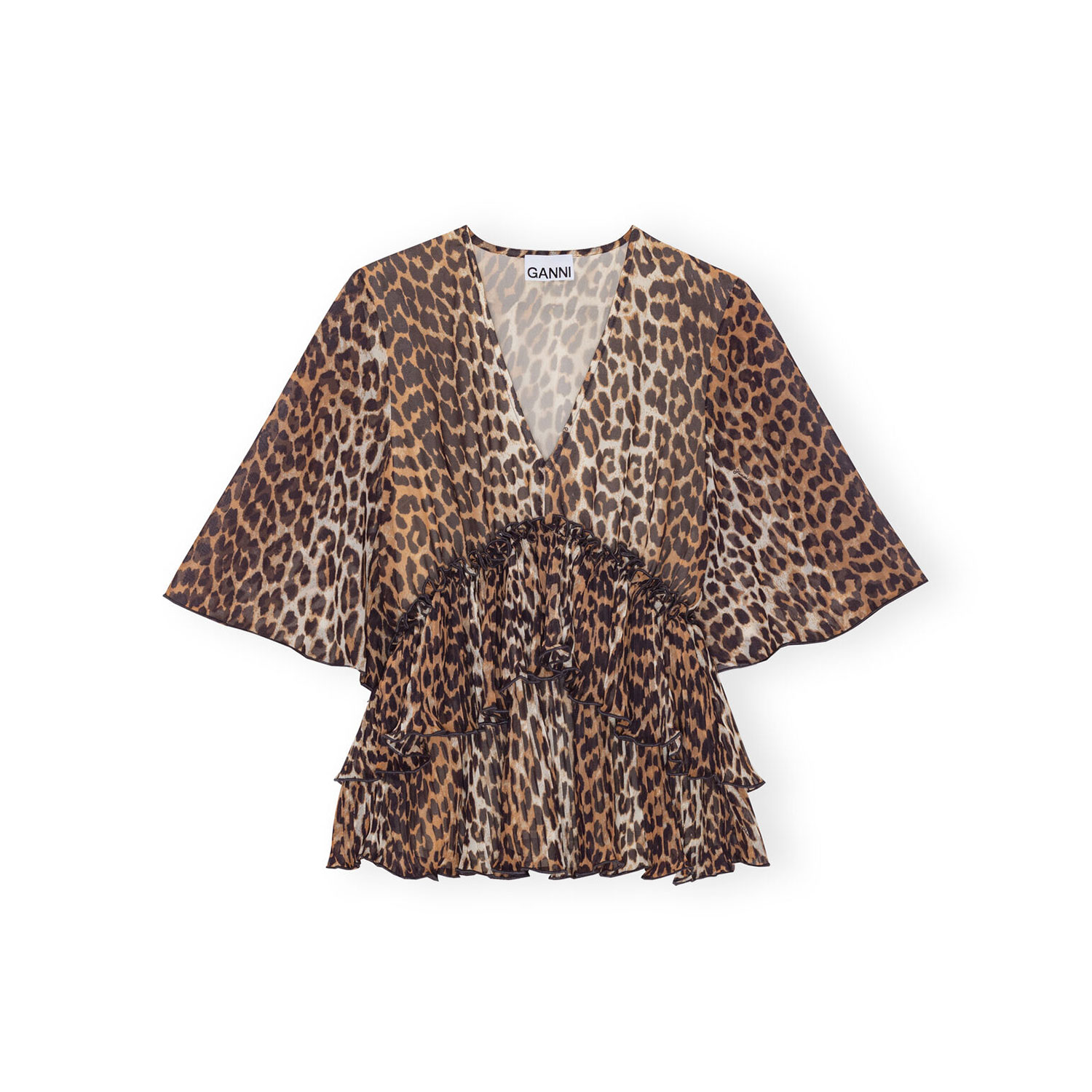 Ganni Pleated Georgette Flounce Bluse Almond Milk