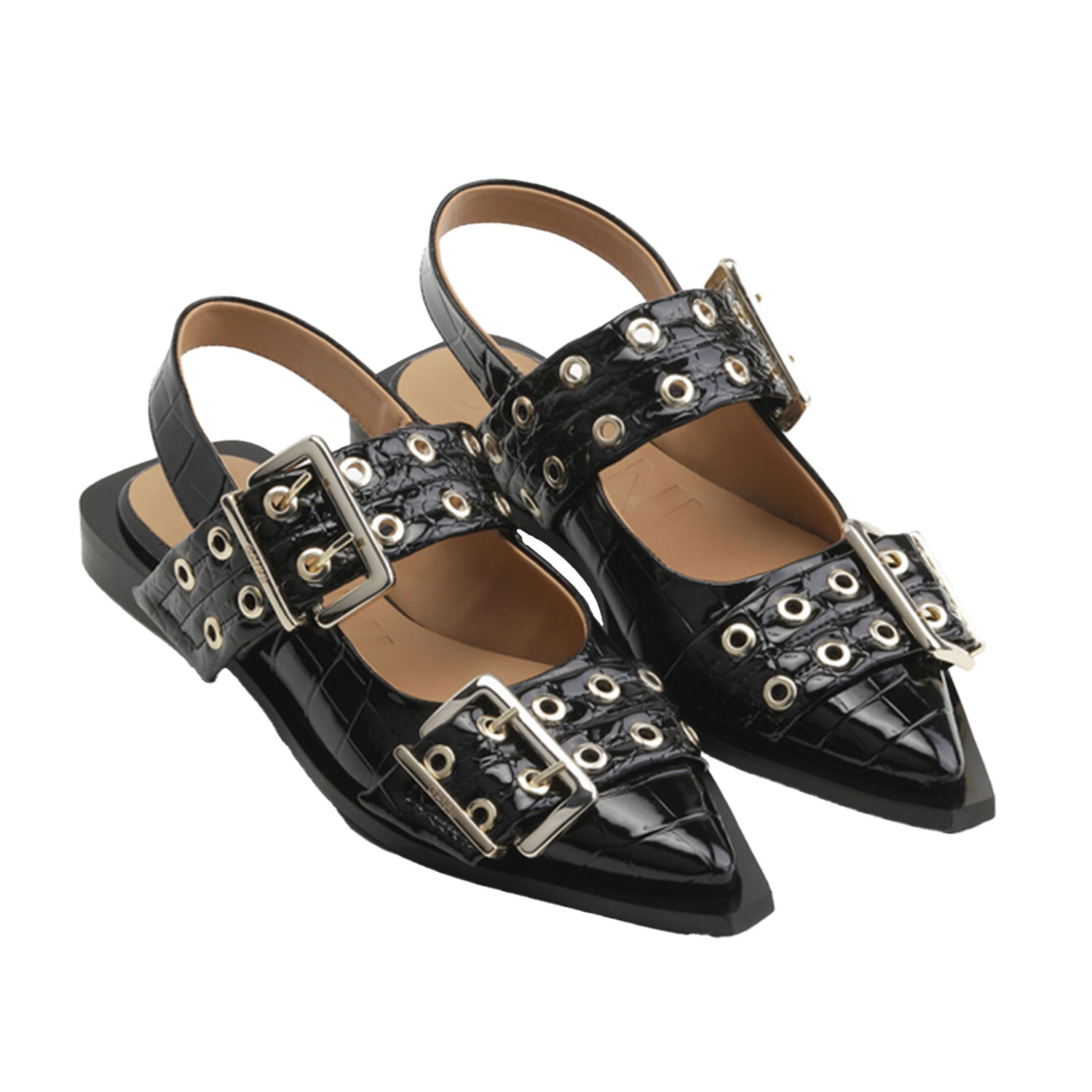 Ganni S2796 Croco Patent Feminine Buckle Ballerina in Schwarz mit Krokoprägung von Ganni. Vorne
