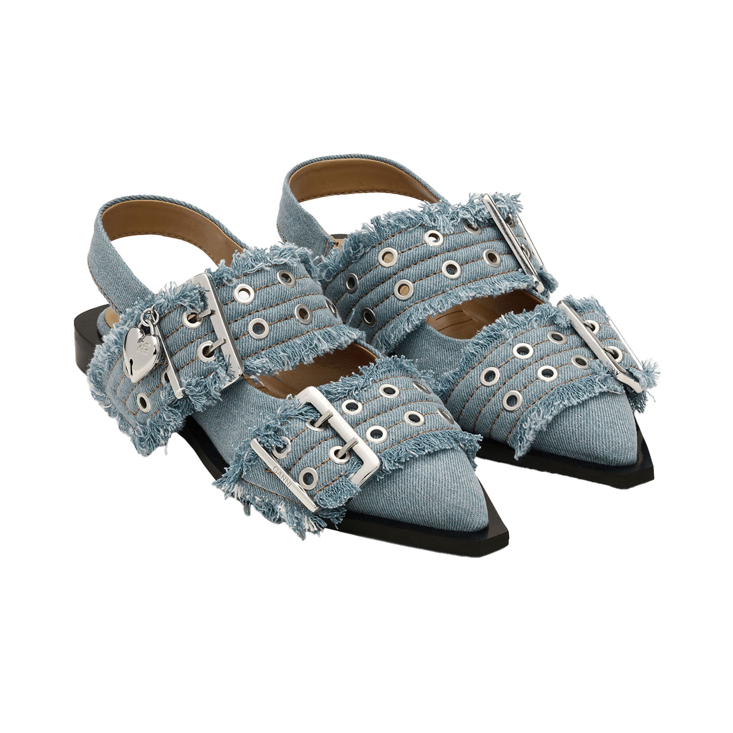 Ganni Denim Charms Buckle Ballerina Faded Denim