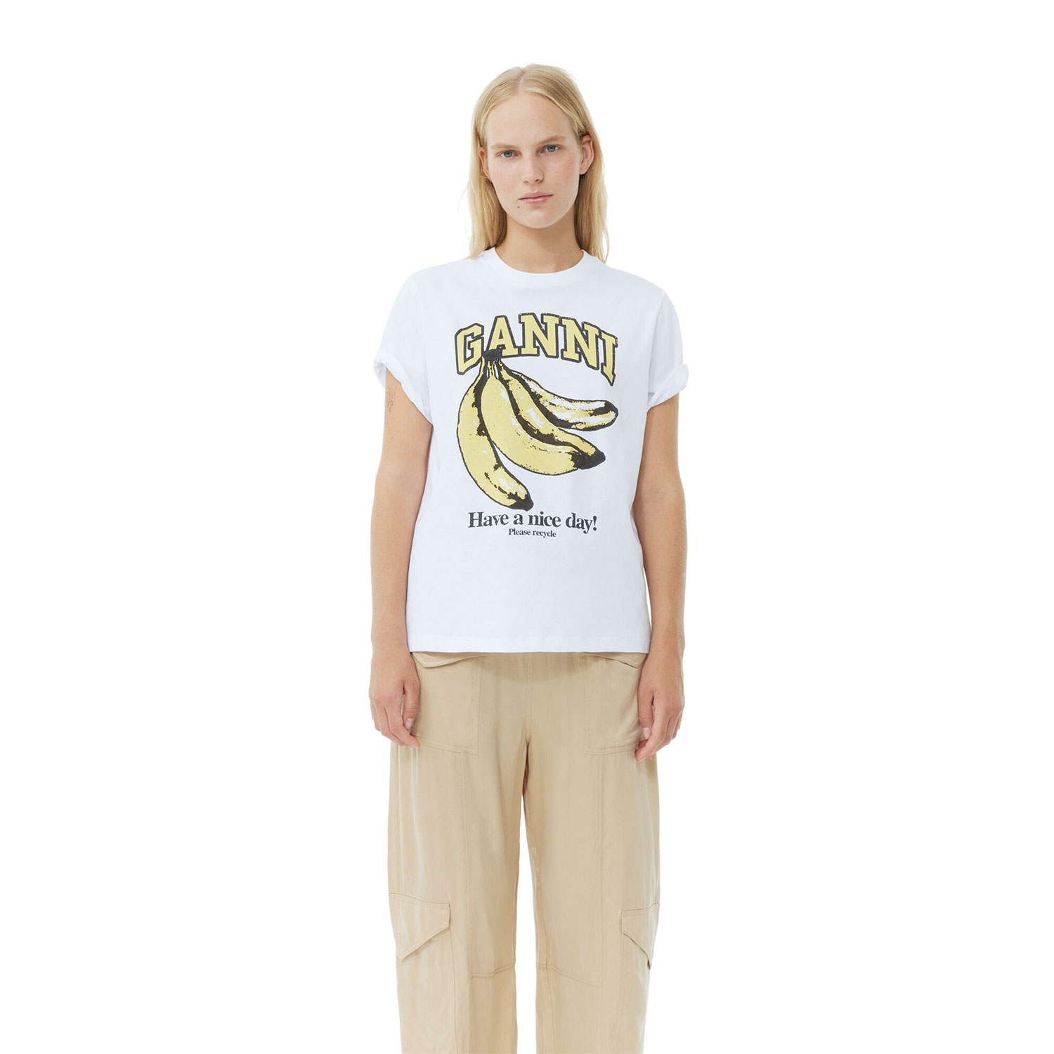 Ganni Banana Ganni T-Shirt Weiss Model vorne