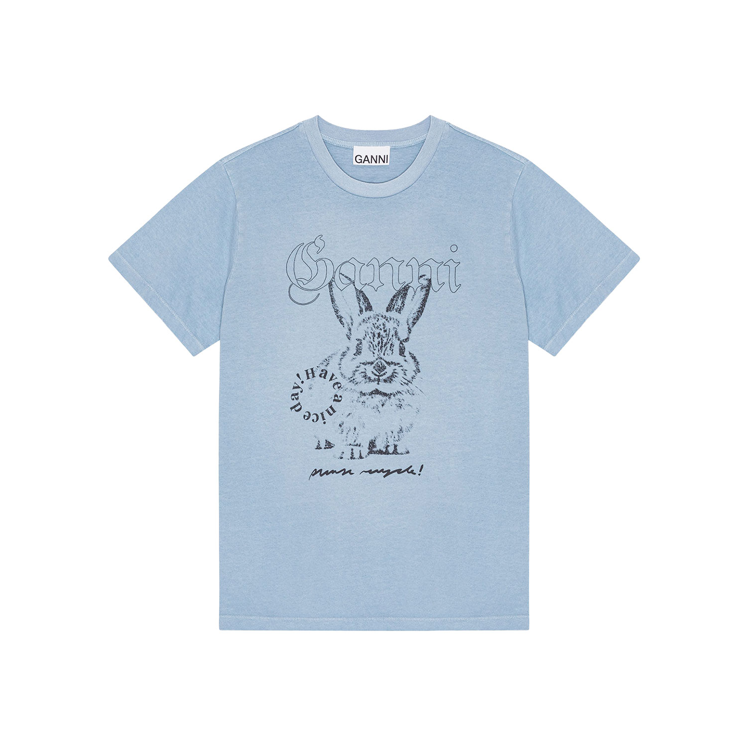 Ganni T4155 T-Shirt in Blau mit Ganni Print. Vorne