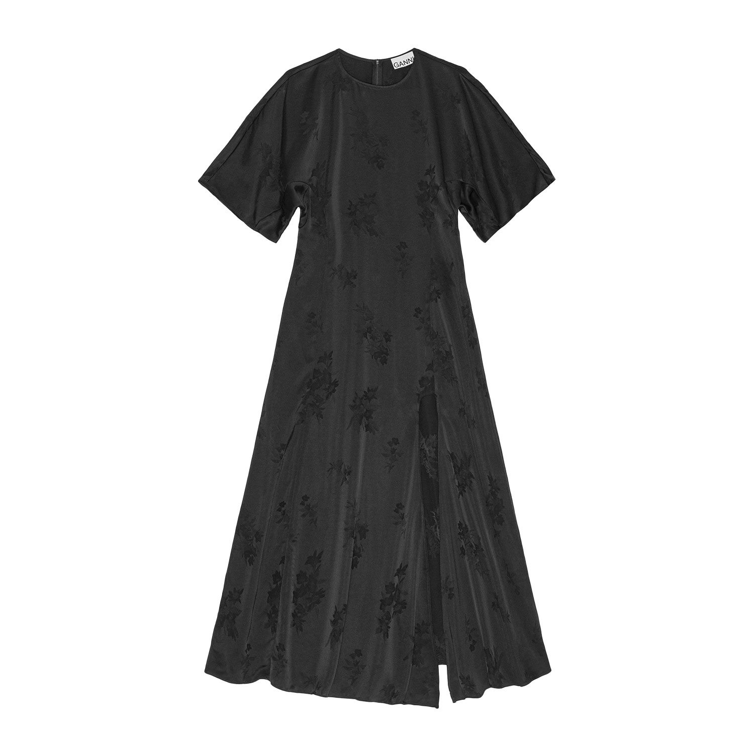 Ganni Fluid Satin Jacquard Slit Kleid Black