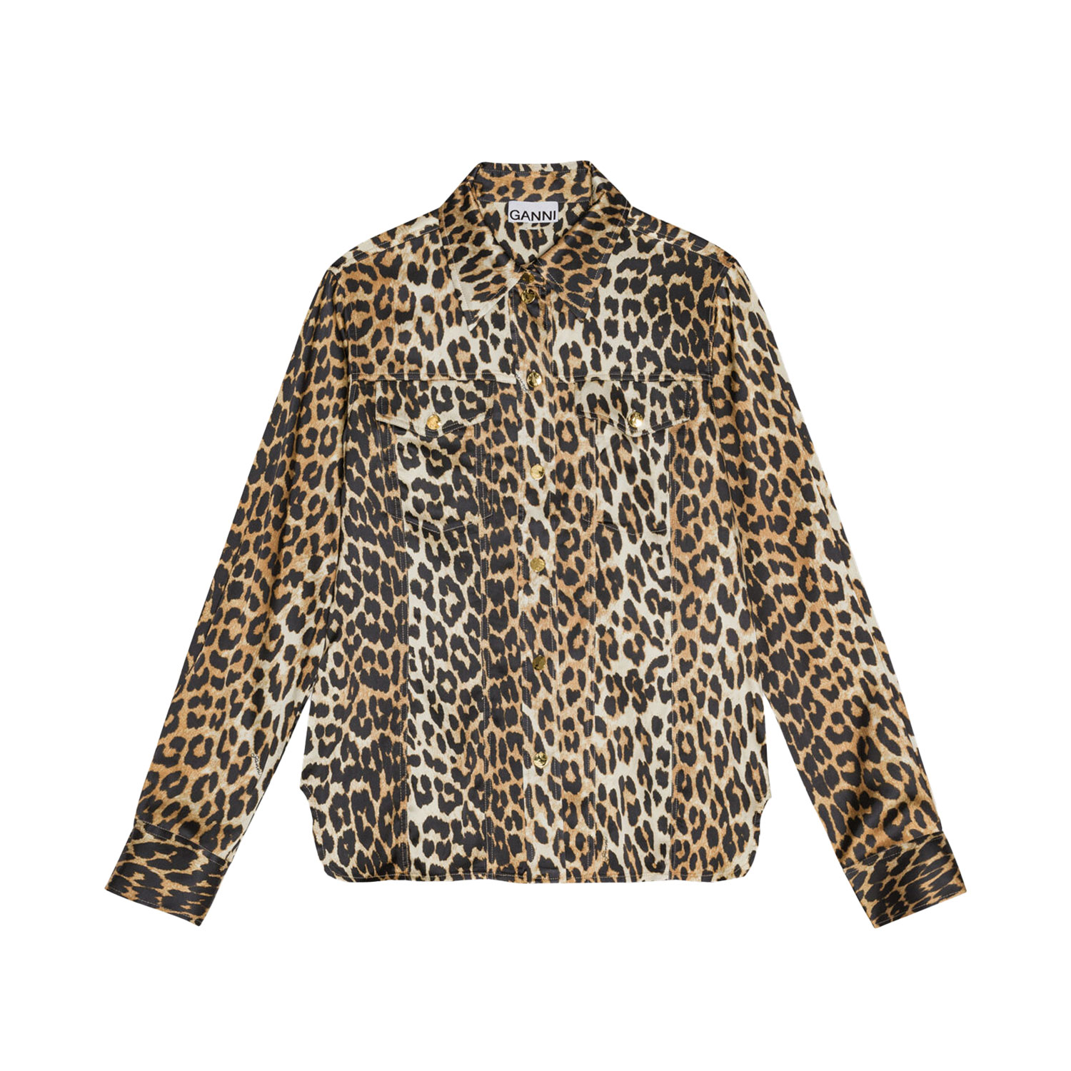 Ganni W0321 Satin Hemdbluse mit Chemisekragen und Knopfleiste mit Leopardenprint von Ganni vorne