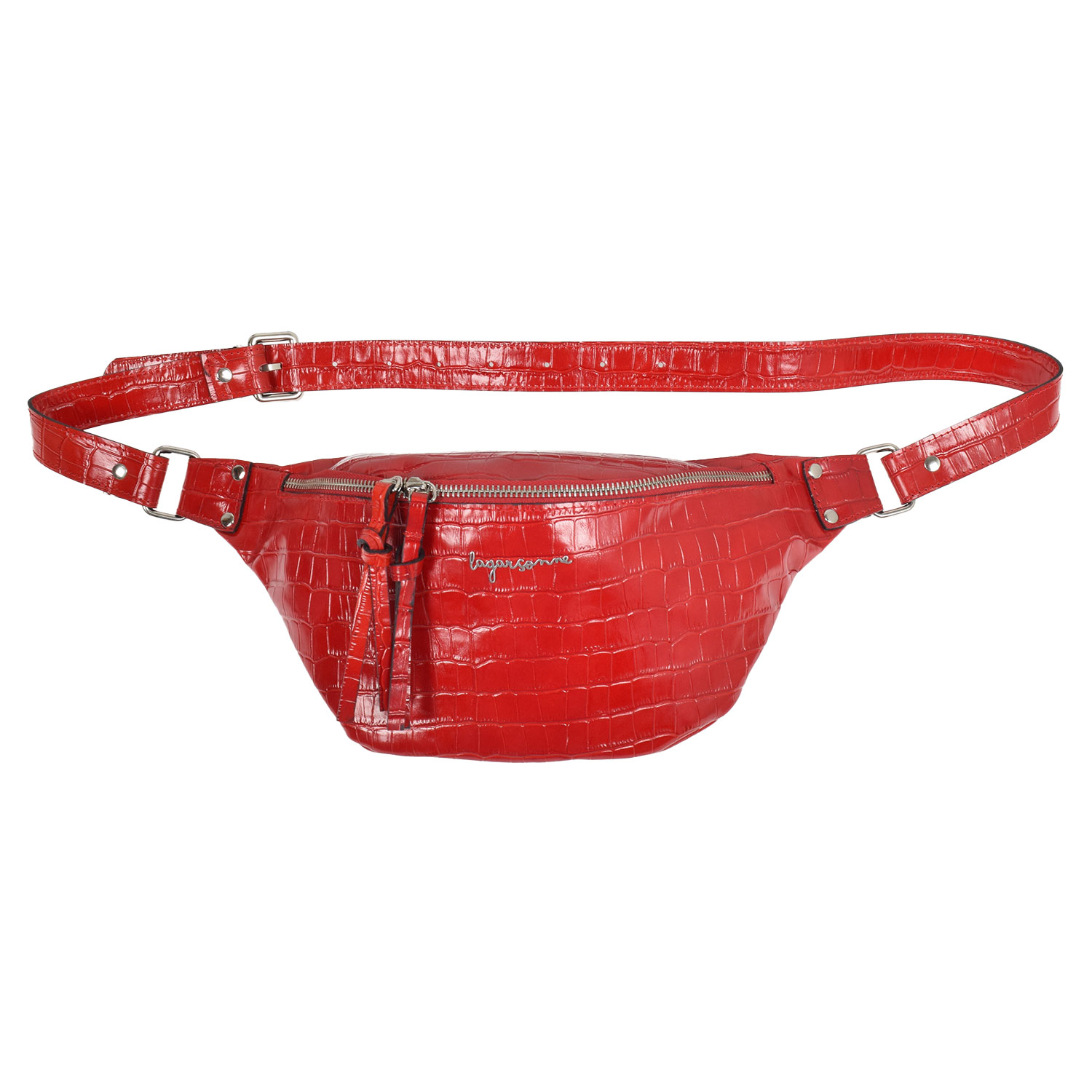 La Garçonne Accessoires Alma Deluxe Grande Bauchtasche in Rot mit Krokoprägung und silberfarbenen Detail von La Garçonne Accessoires