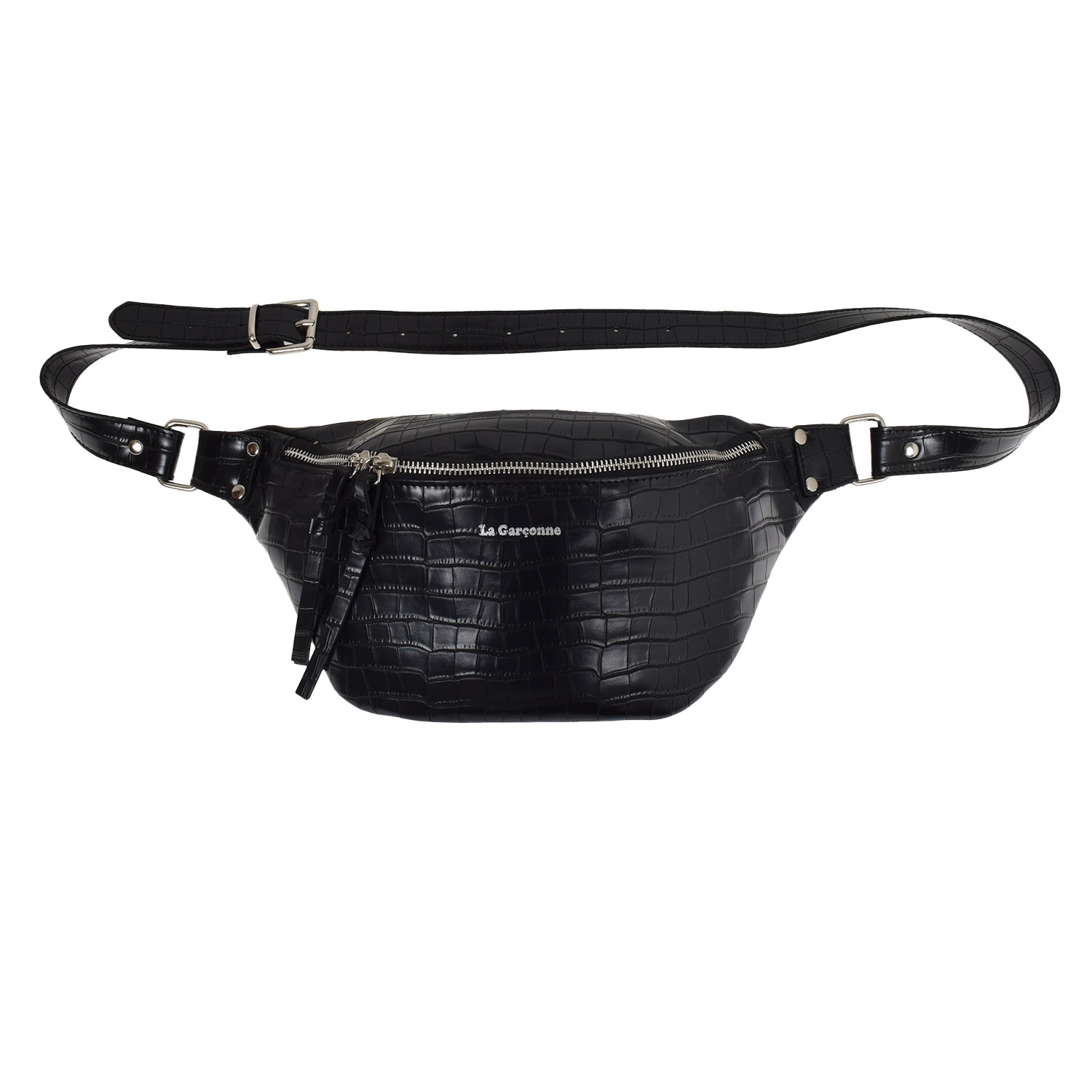 La Garçonne Accessoires Alma Grande Bauchtasche in Schwarz mit Krokoprägung von La Garçonne Accessoires vorne