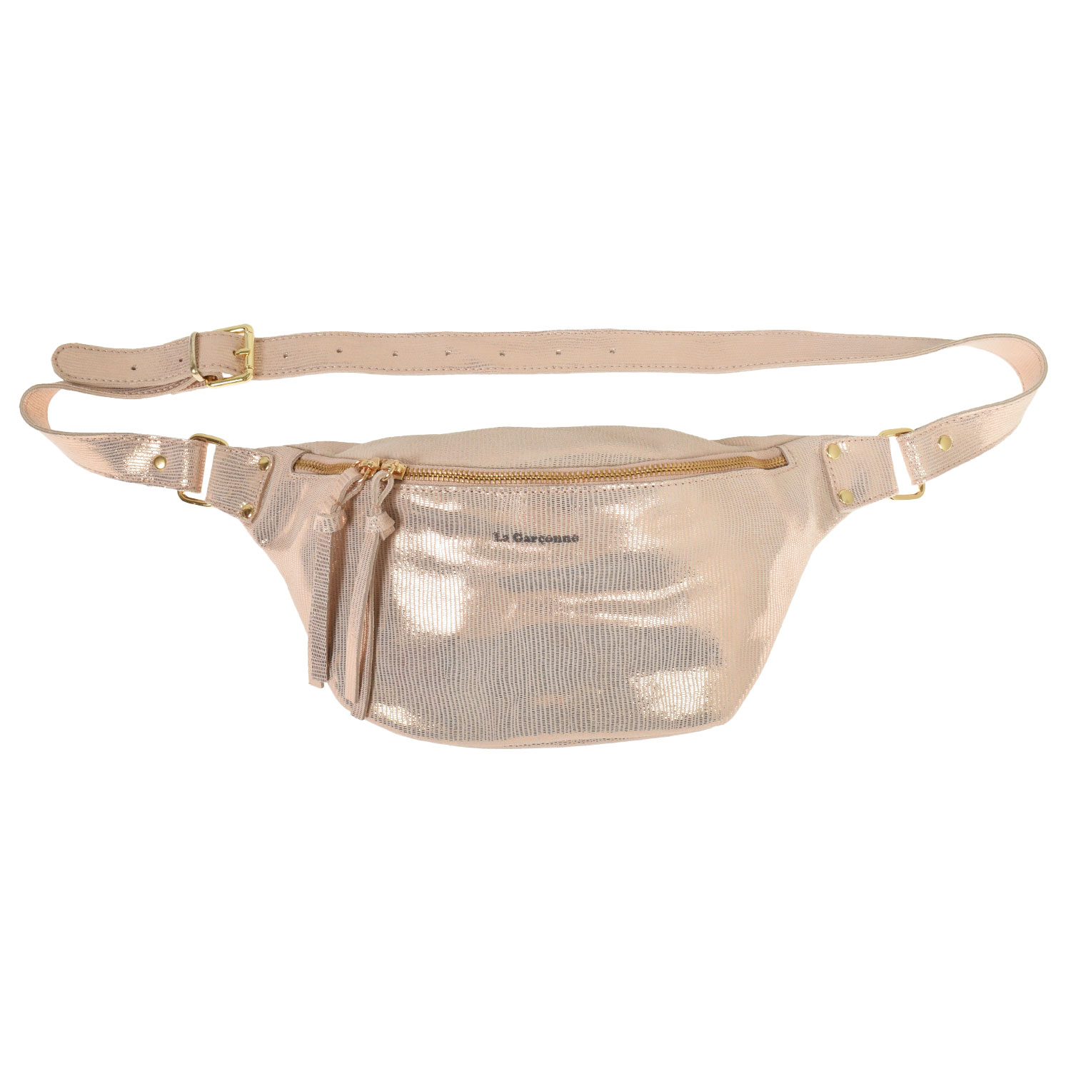 La Garçonne Accessoires Alma Grande Bauchtasche mit goldfarbenem Zweiwegreissverschluss in Rosegold von La Garçonne Accessoires. Vorne