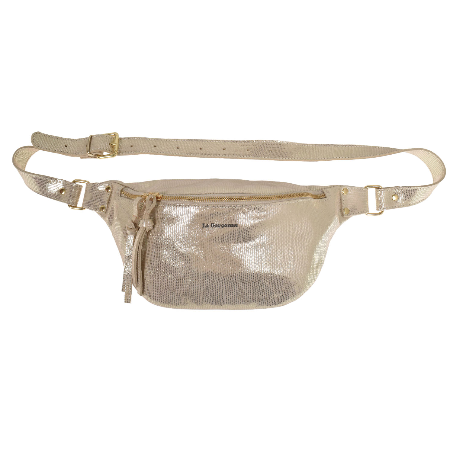 La Garçonne Accessoires Alma Grande Bauchtasche mit goldfarbenem Zweiwegreissverschluss in Gold von La Garçonne Accessoires. Vorne