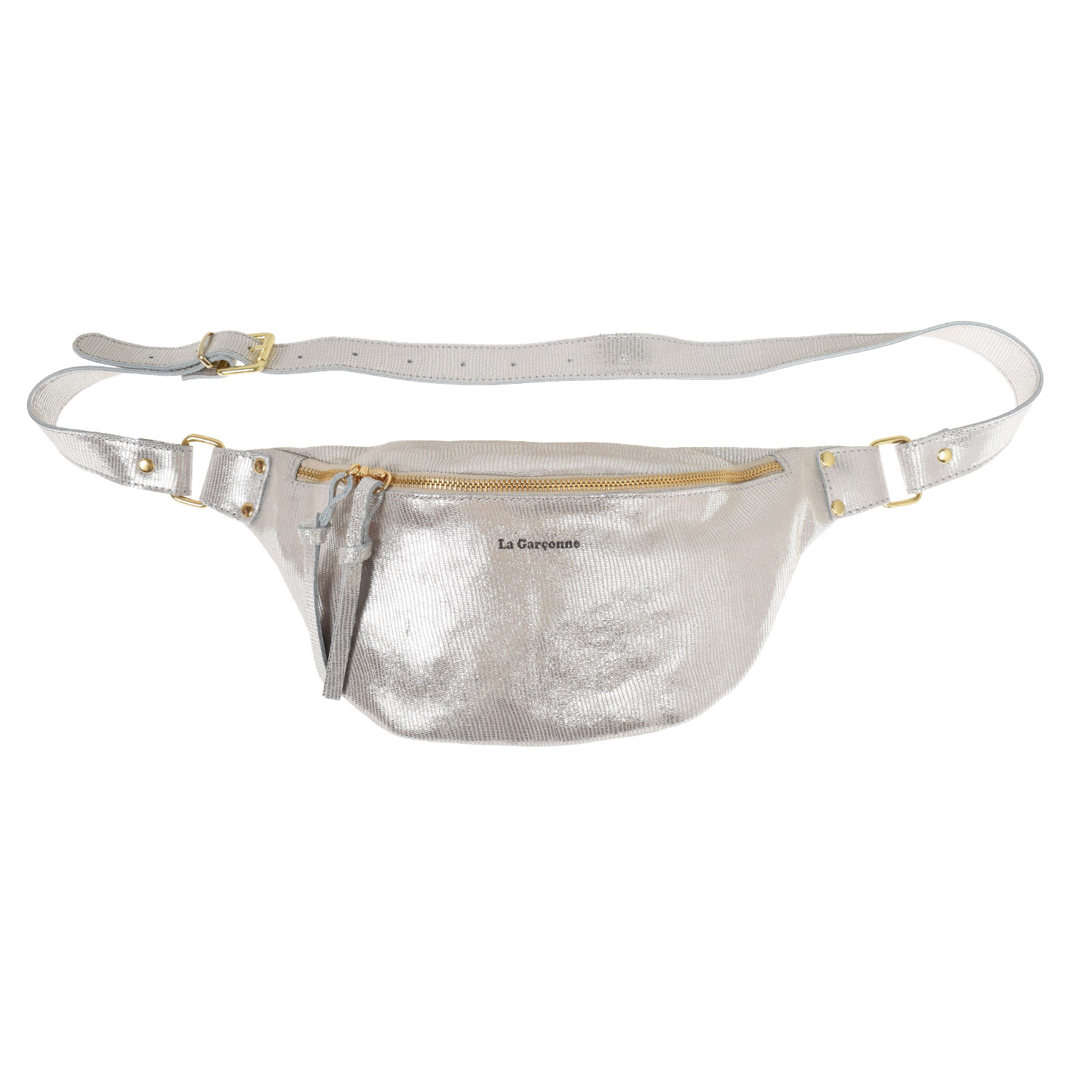 La Garçonne Accessoires Alma Grande Bauchtasche mit goldfarbenem Zweiwegreissverschluss in Silber von La Garçonne Accessoires. Vorne