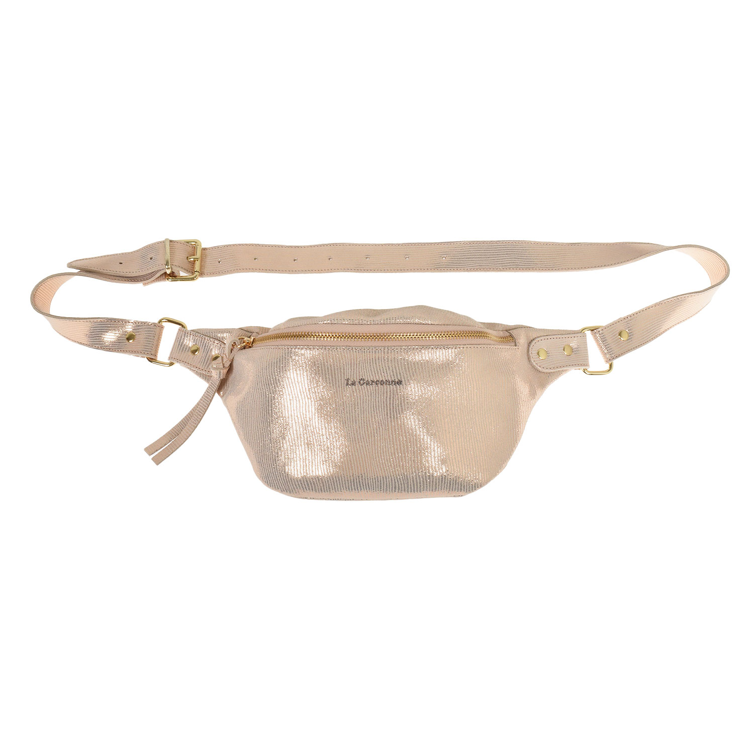 La Garçonne Accessoires Alma Petite Bauchtasche mit goldenem Reissverschluss aus strukturiertem, rosegoldfarbenem Leder von La Garçonne. Vorne