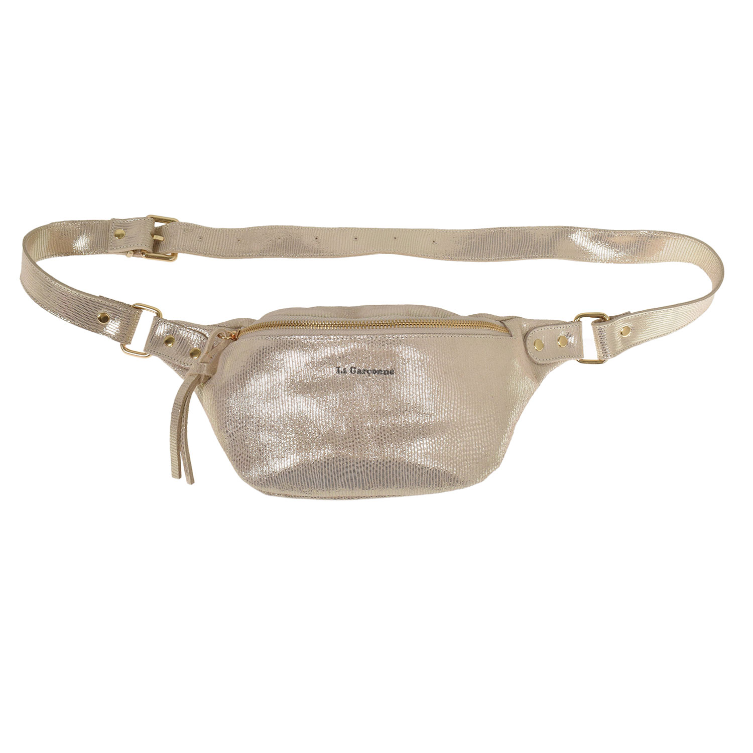 La Garçonne Accessoires Alma Petite Bauchtasche mit goldenem Reissverschluss aus strukturiertem, goldfarbenem Leder von La Garçonne. Vorne