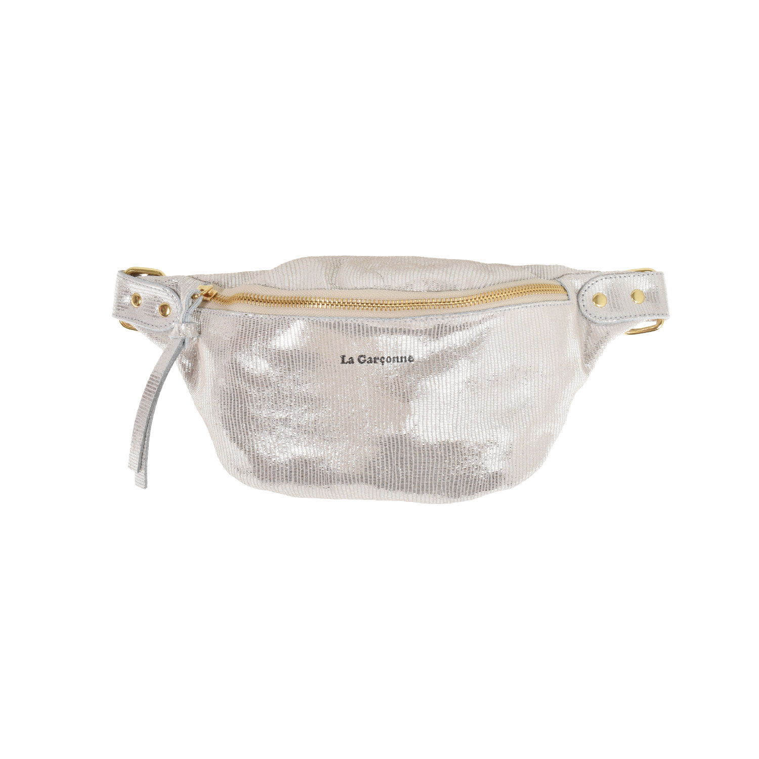La Garçonne Accessoires Alma Petite Bauchtasche mit goldenem Reissverschluss aus strukturiertem, silberfarbenem Leder von La Garçonne. Vorne