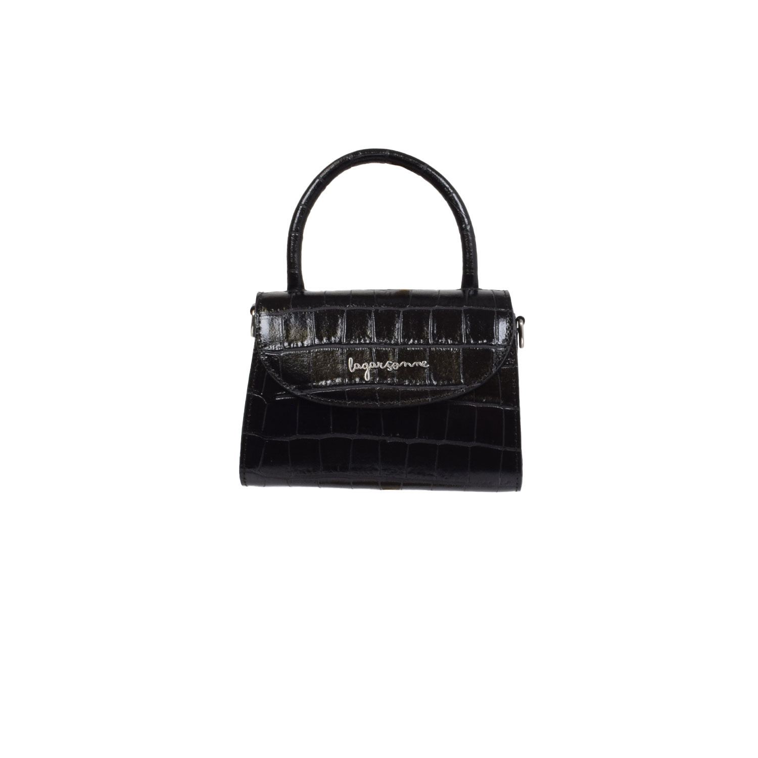 La Garçonne Accessoires Amari Mini Tasche in Schwarz aus echtem Leder mit Kroko prägung von La Garçonne Accessoires vorne