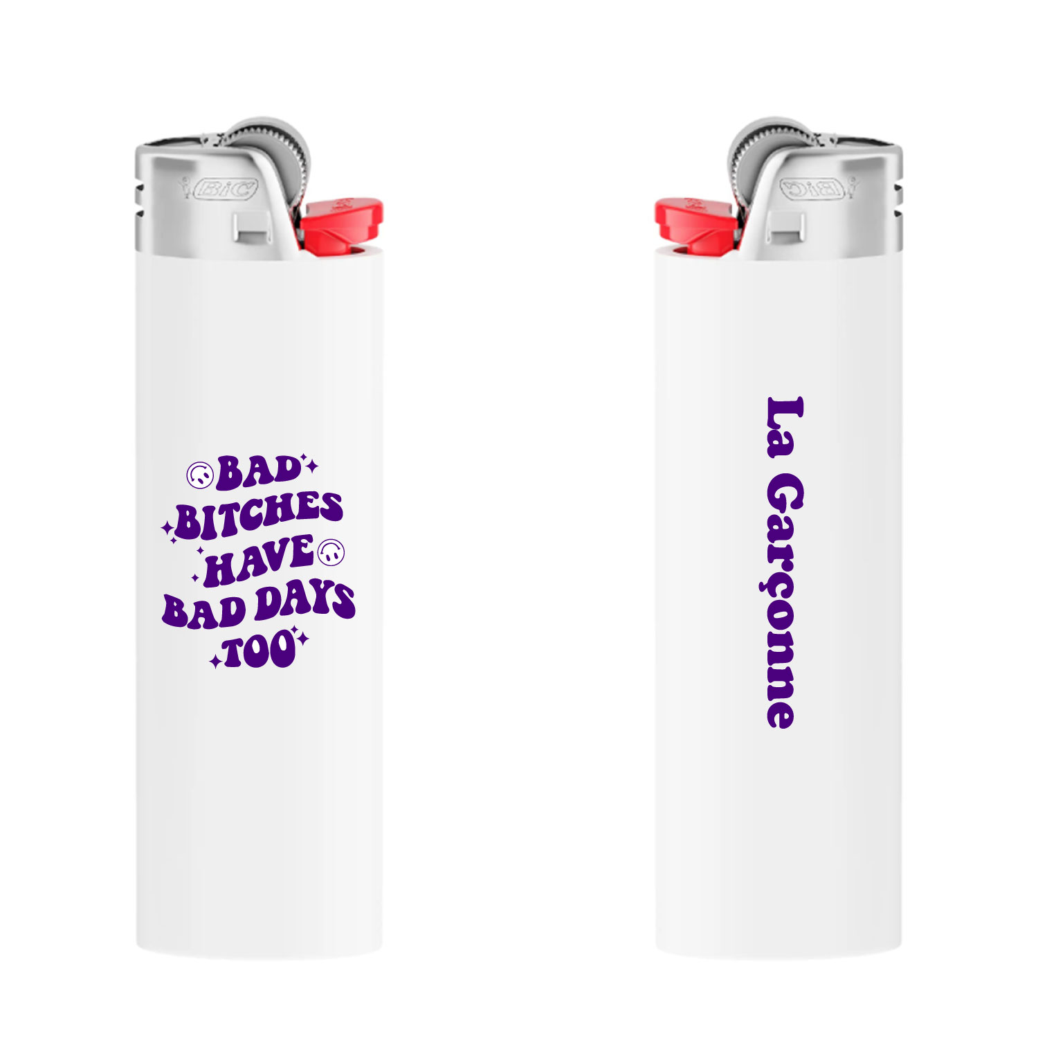 La Garçonne Accessoires Feuerzeug in Weiss mit Violettem Statement Spruch von La Garçonne Accessoires