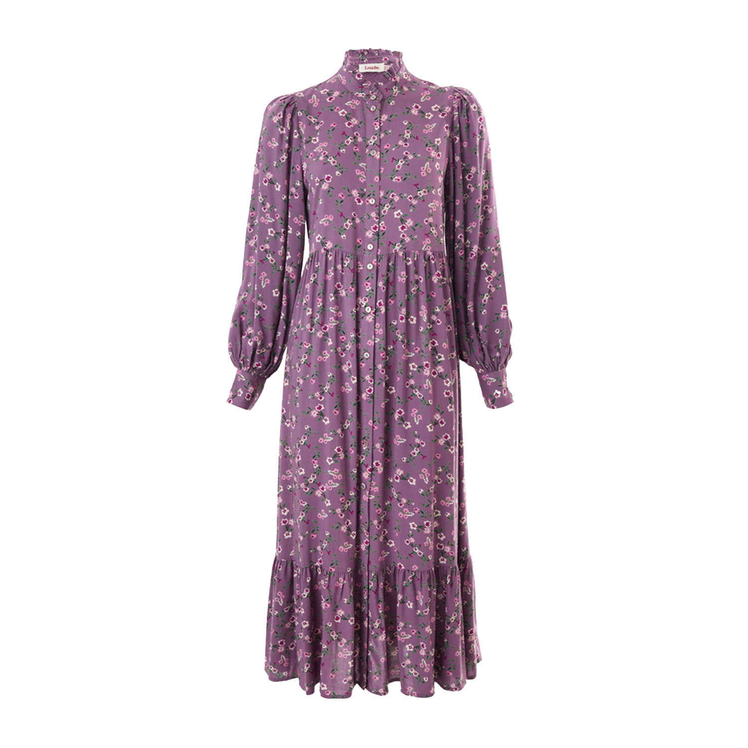 Louche Bricia Naive Posy Midikleid in Violet mit Blumeprint und Knopfleiste vorne von Louche vorne