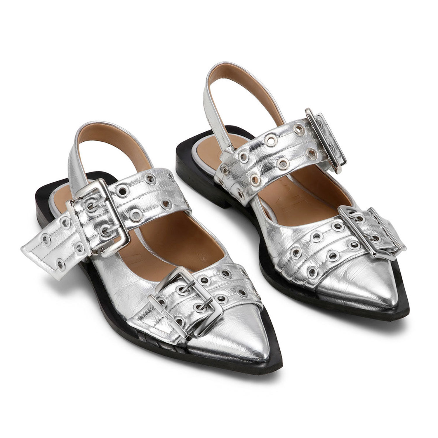 Ganni Buckle Ballerina Metallic Silver