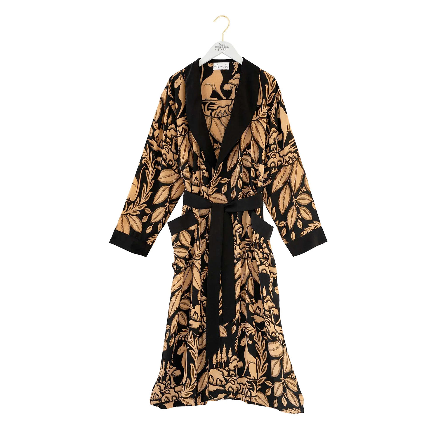 One Hundred Stars Sphinx langes Wickelkleid mit V-Ausschnitt in Schwarz mit schönem Print von One Hundred Stars vorne