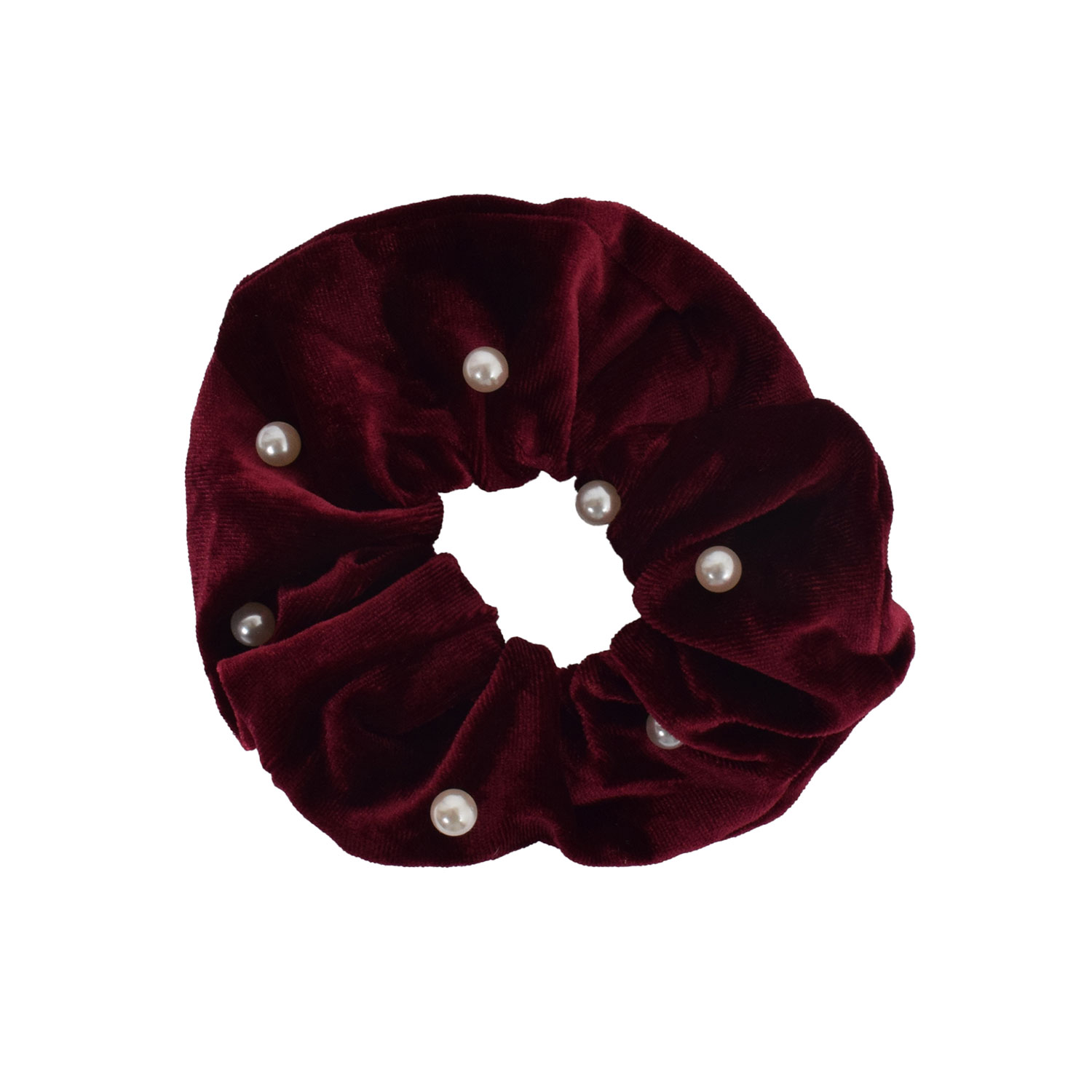J'adore Doux Scrunchie in Dunkelrot mir Perlen besetzt von J'adore vorne