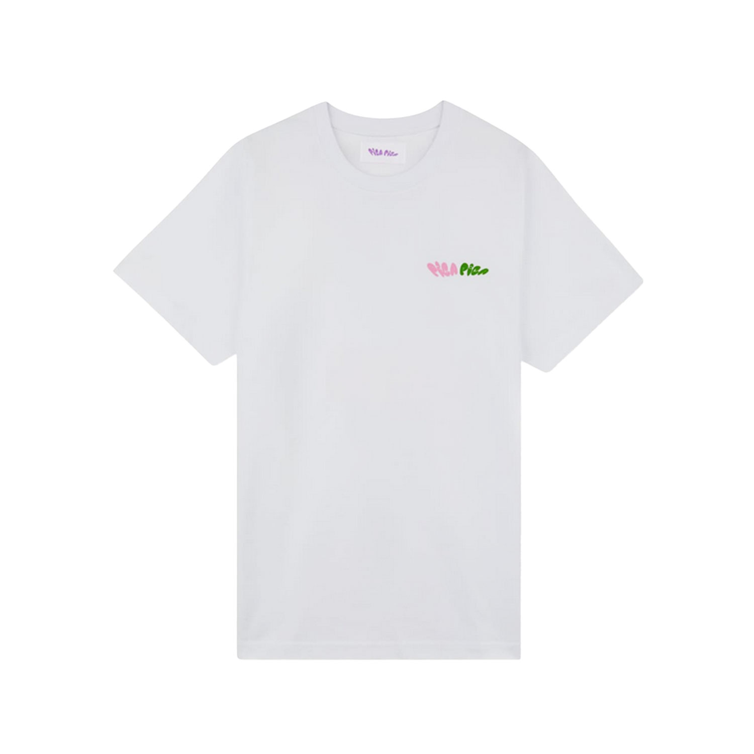 Pica Pica Fior Di Latte T-Shirt mit Rundhals-Ausschnitt in Weiss mit mediterranem Aufdruck hinten von Pica Pica. Vorne