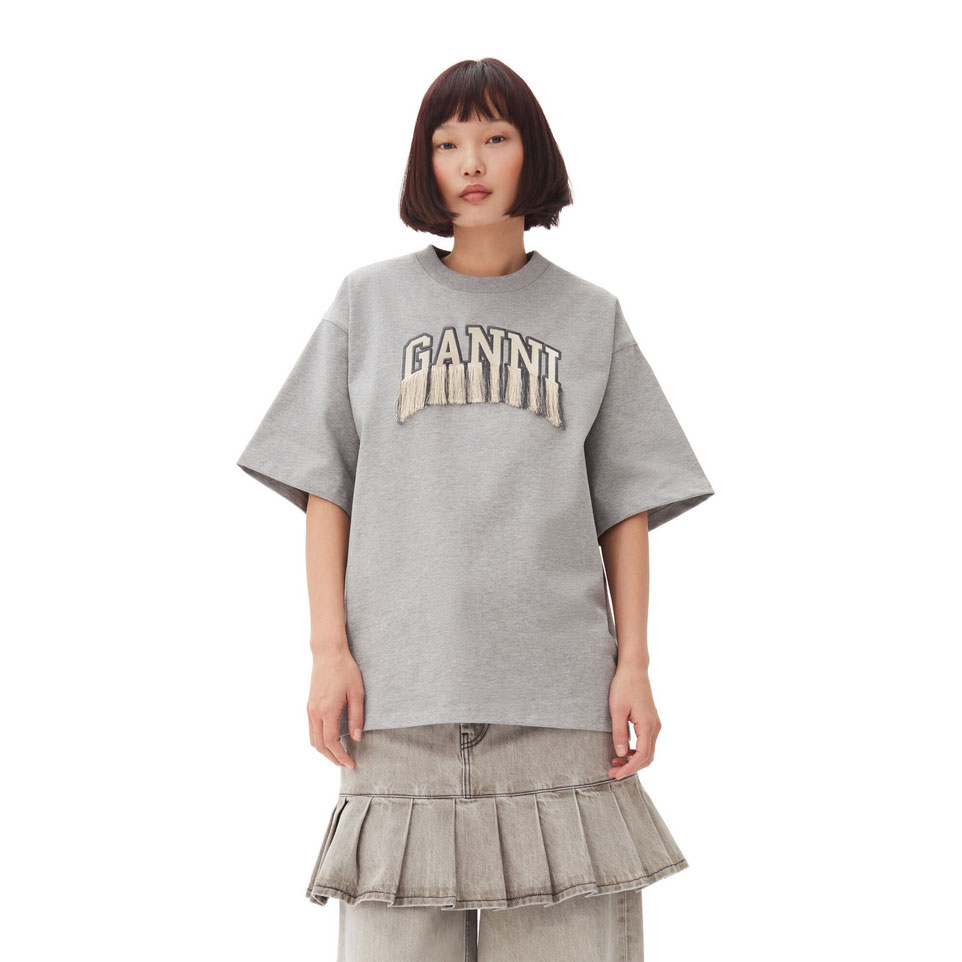 Ganni Fringe Ganni T-Shirt Grau Model vorne