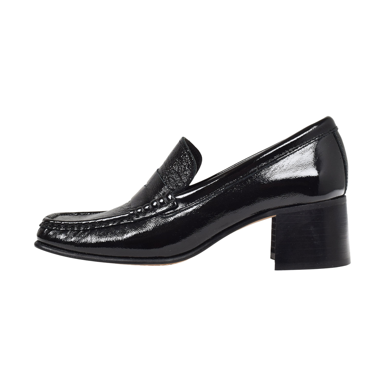 La Garçonne Gabrielle Penny Loafers mit Blockabsatz aus schwarzem Lackleder von La Garçonne Shoes. Seite
