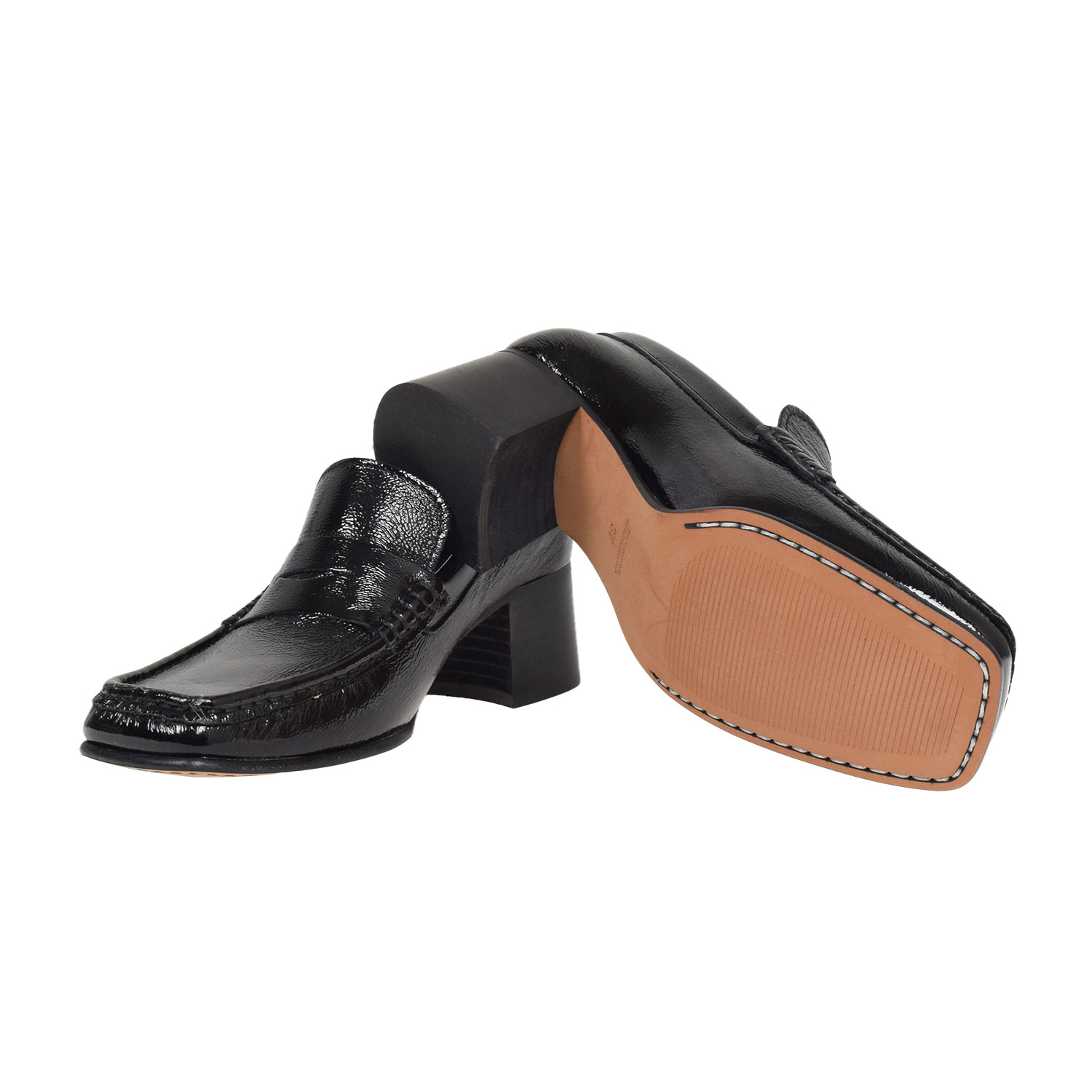 La Garçonne Gabrielle Penny Loafers mit Blockabsatz aus schwarzem Lackleder von La Garçonne Shoes. Sohle