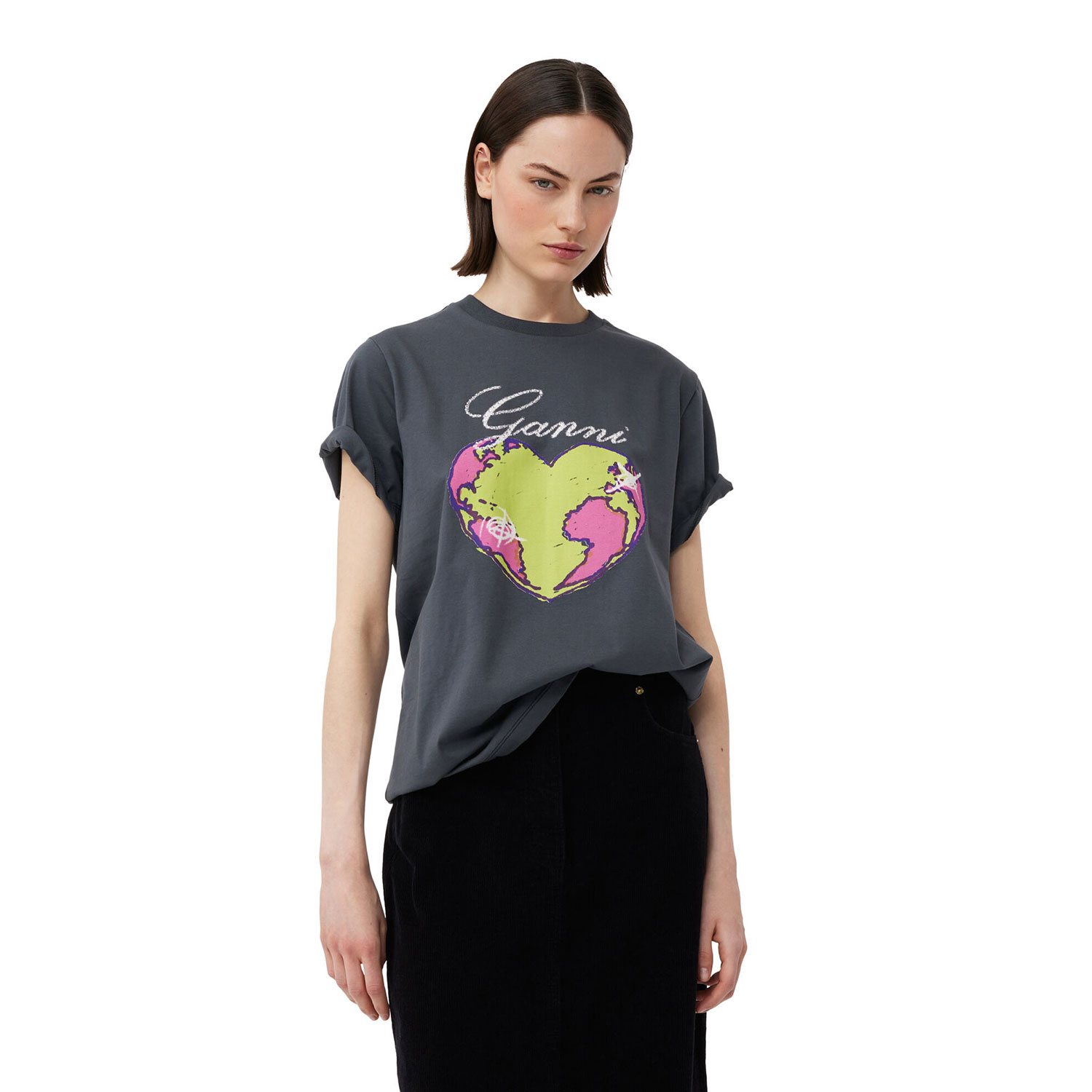 Ganni Heart Ganni T-Shirt Grau Model vorne