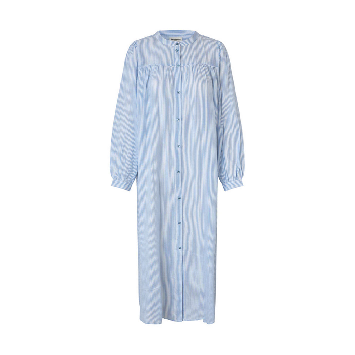 Lolly's Laundry Jess Midi-Tunikakleid mit einem Rundhals-Ausschnitt und kurzer Knopfleiste in Blau gstreift von Lolly's Laundry. Vorne