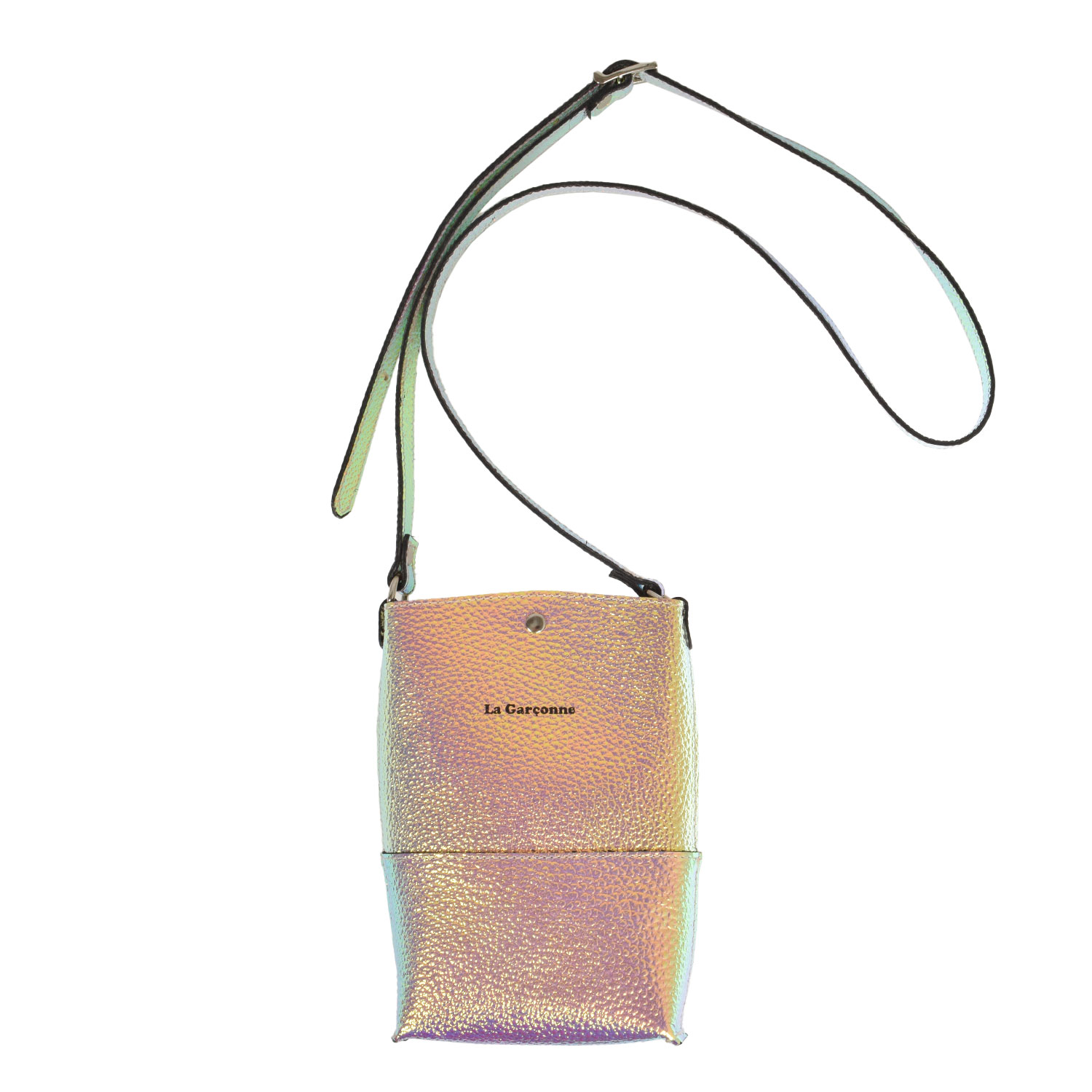 La Garçonne Accessoires Lucette Handytasche aus Glattleder in einem holografischen Metallic von La Garçonne Accessoires. Vorne