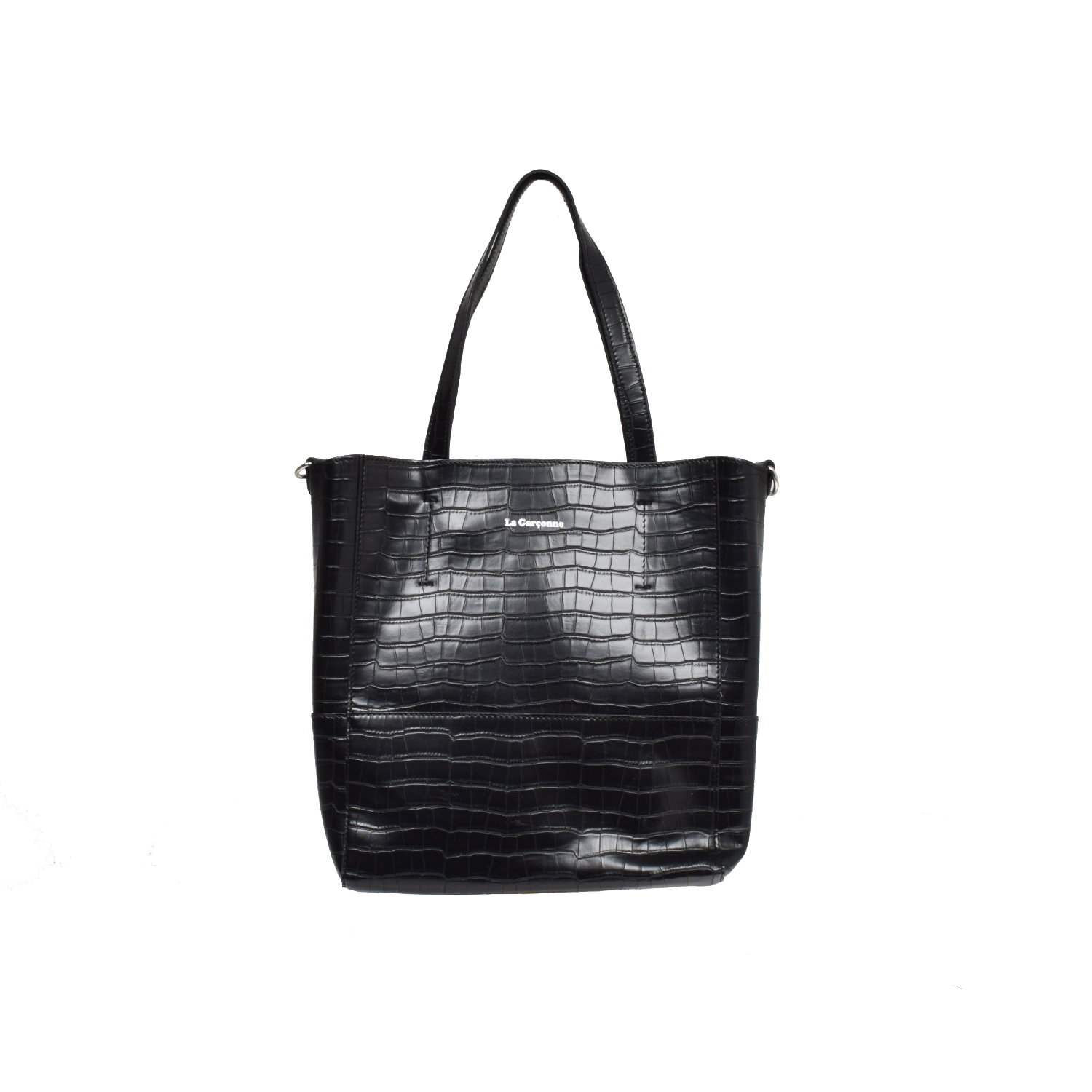 La Garçonne Accessoires Mini Lucie Tasche in Schwarz mit Krokoprägung aus veganem Leder von La Garçonne Accessoires vorne