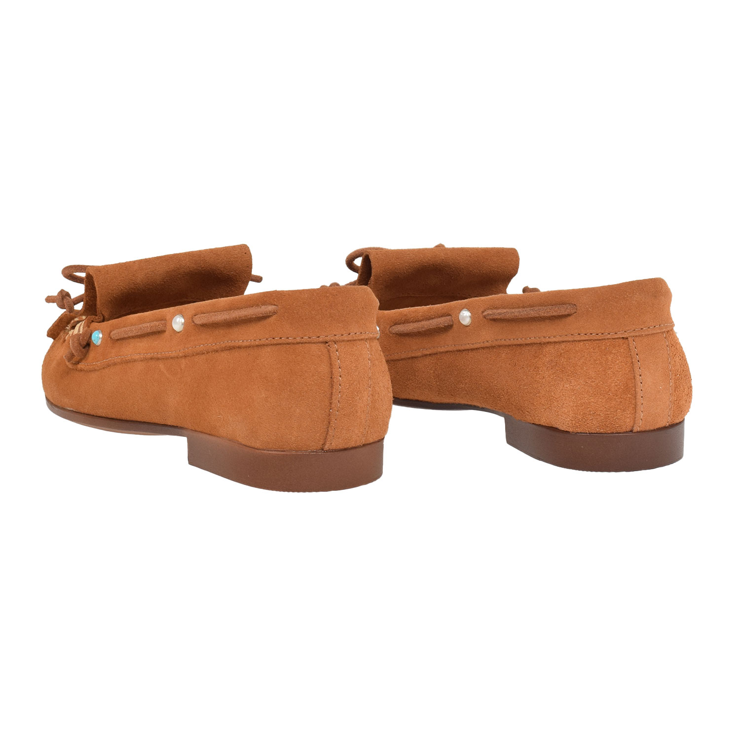 La Garçonne Rachel Mokassins aus braunem Wildleder mit Fransen und Perlendetails von La Garçonne. Hinten