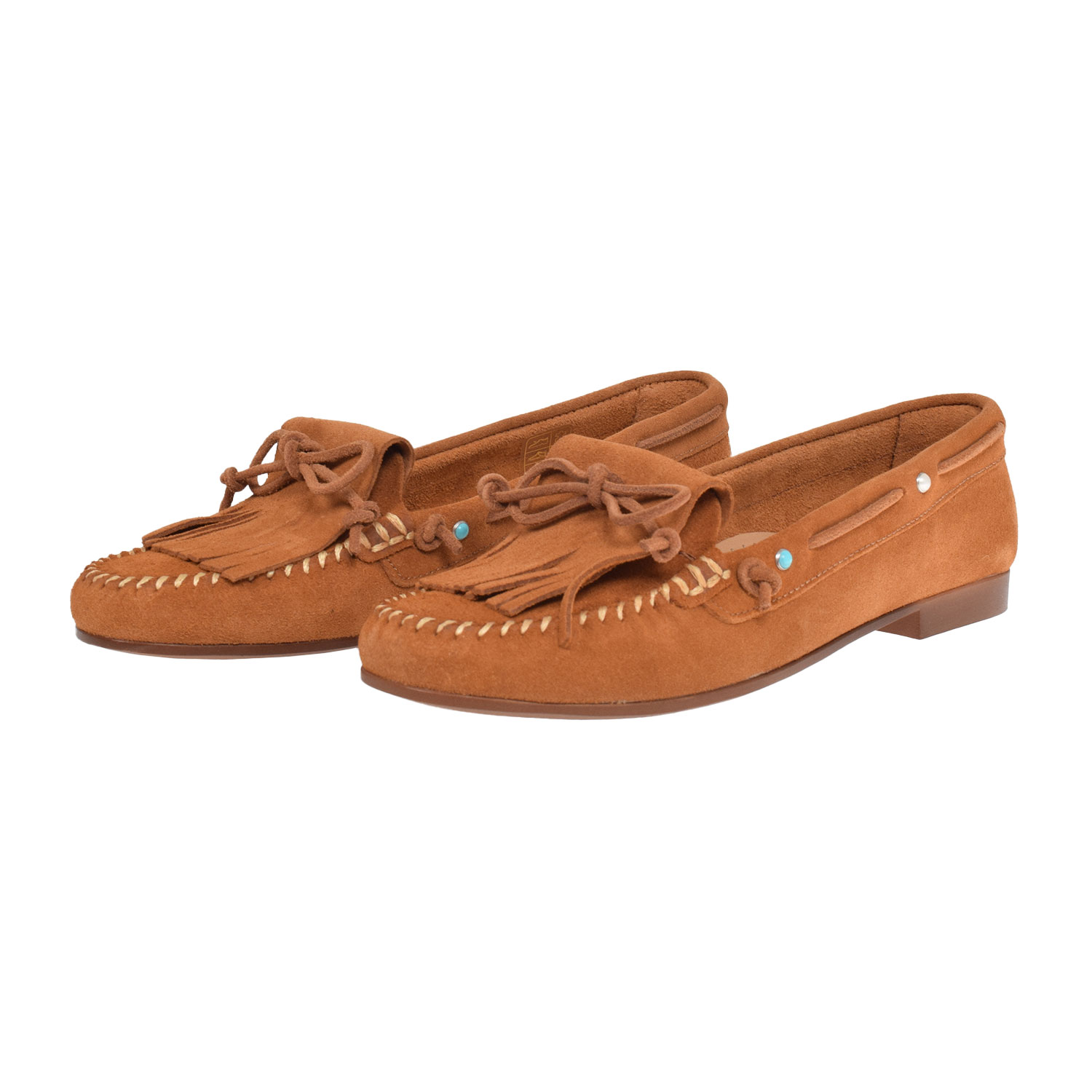 La Garçonne Rachel Mokassins aus braunem Wildleder mit Fransen und Perlendetails von La Garçonne. Vorne