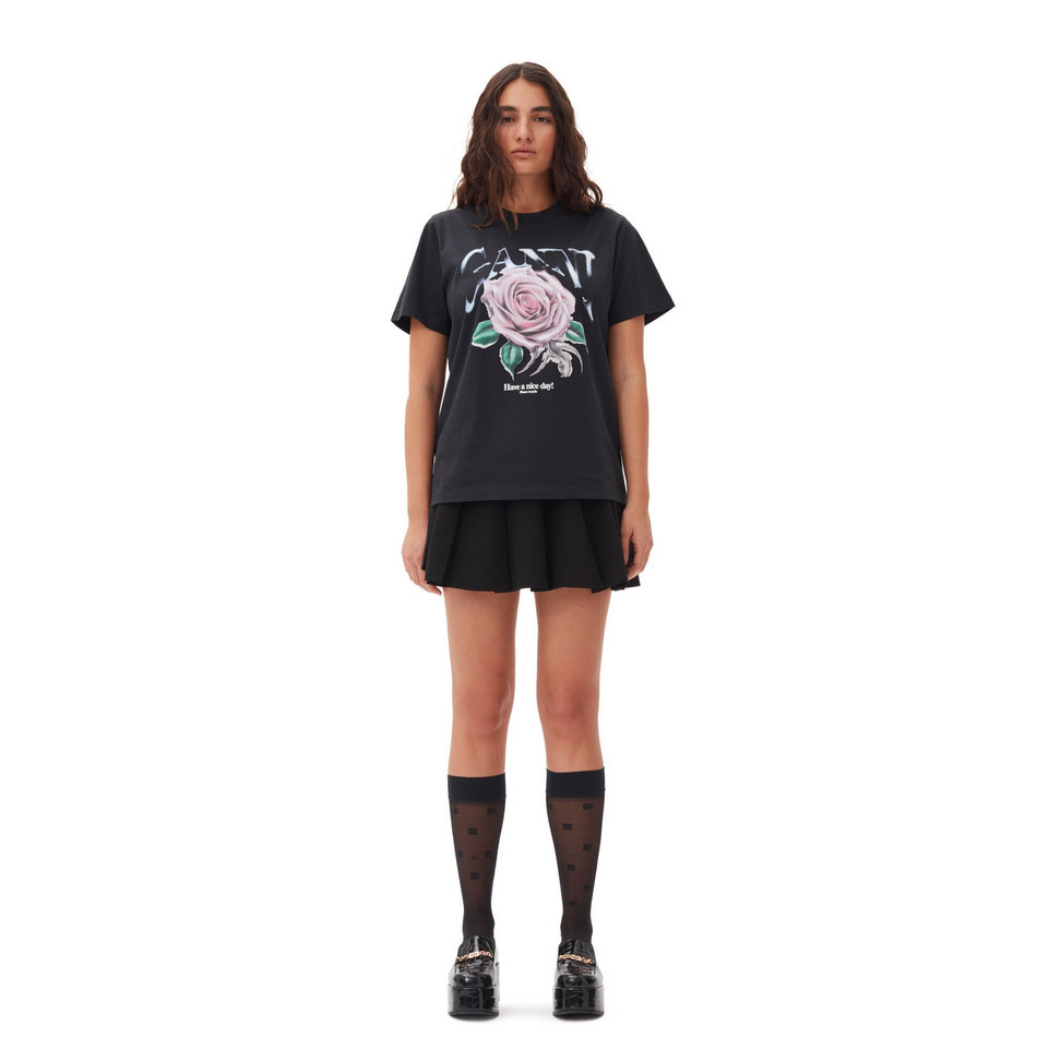 Ganni Rose Relaxed Ganni T-Shirt Schwarz Model vorne