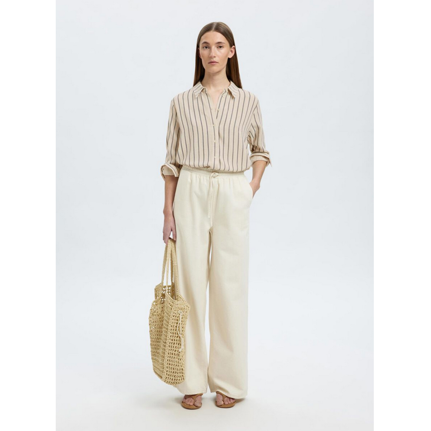 Selected Femme Viva Langarmbluse Sandshell Pin Stripe