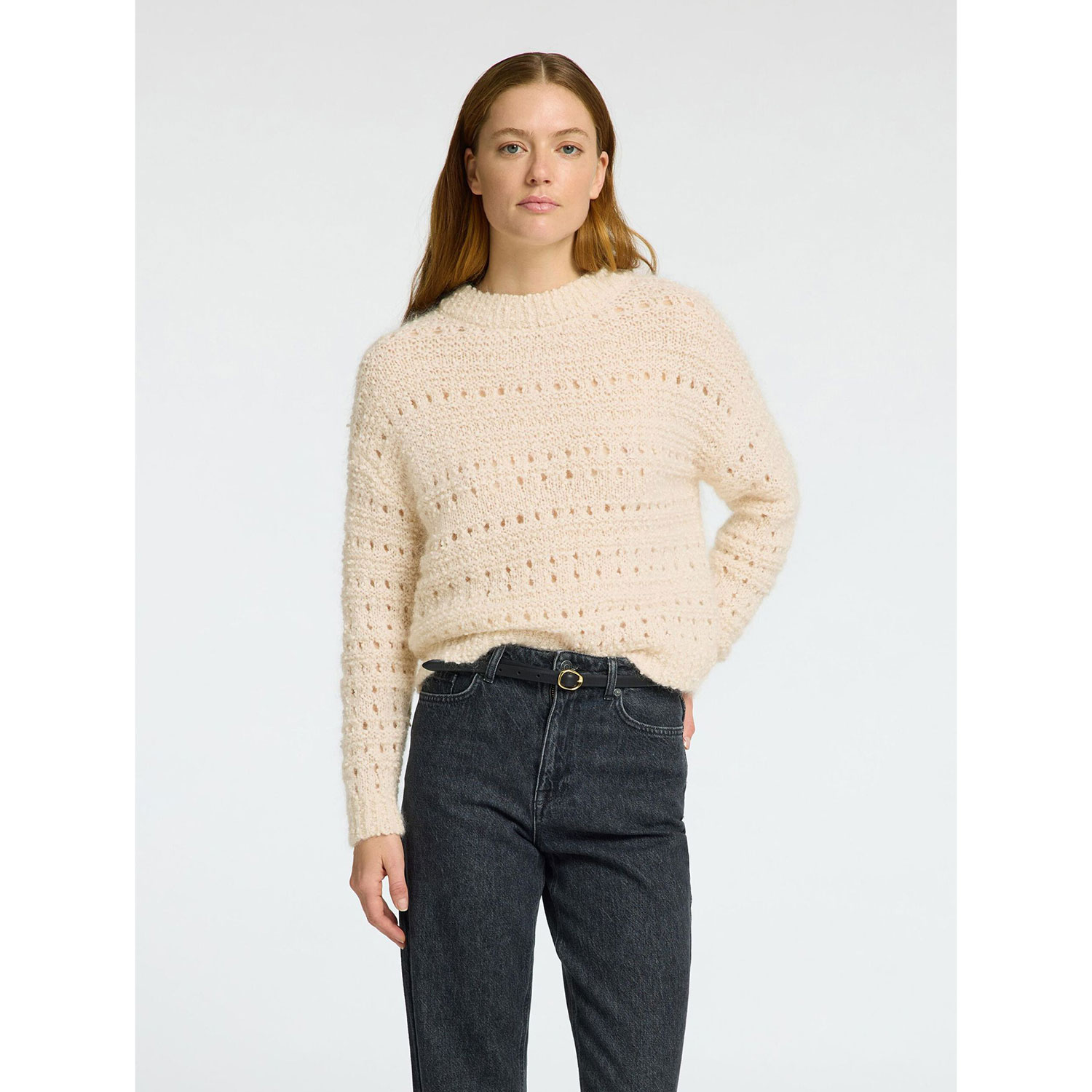 Selected Femme Alfi Strickpullover mit Rundhals-Ausschnitt in Beige von Selected Femme Model vorne