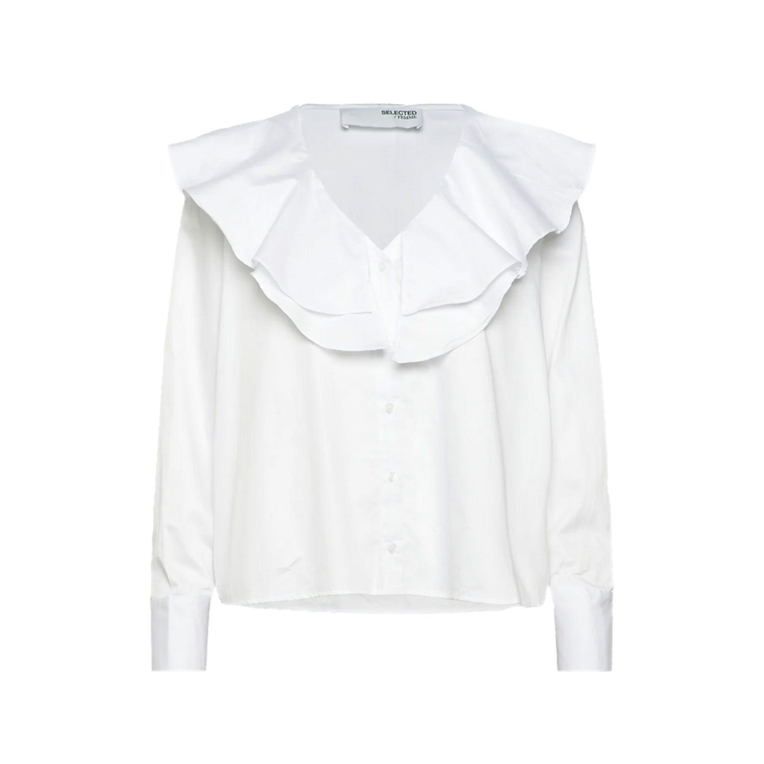 Selected Femme Isobel Bluse in Weiss mit V-Ausschnitt und Volantkragen von Selected Femme vorne