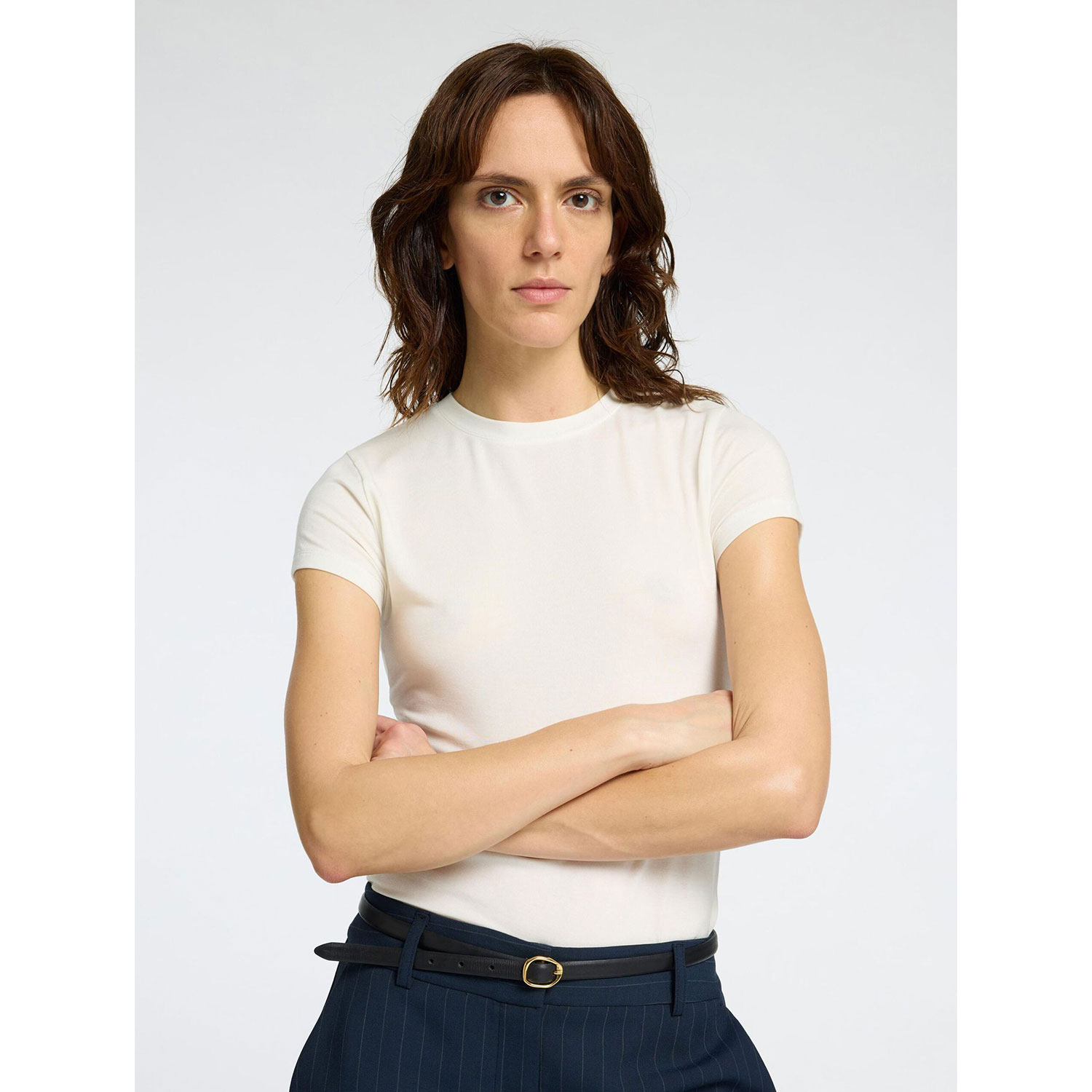 Selected Femme Manja T-Shirt mit Rundhals-Ausschnitt in Ecru von Selected Femme Model vorne