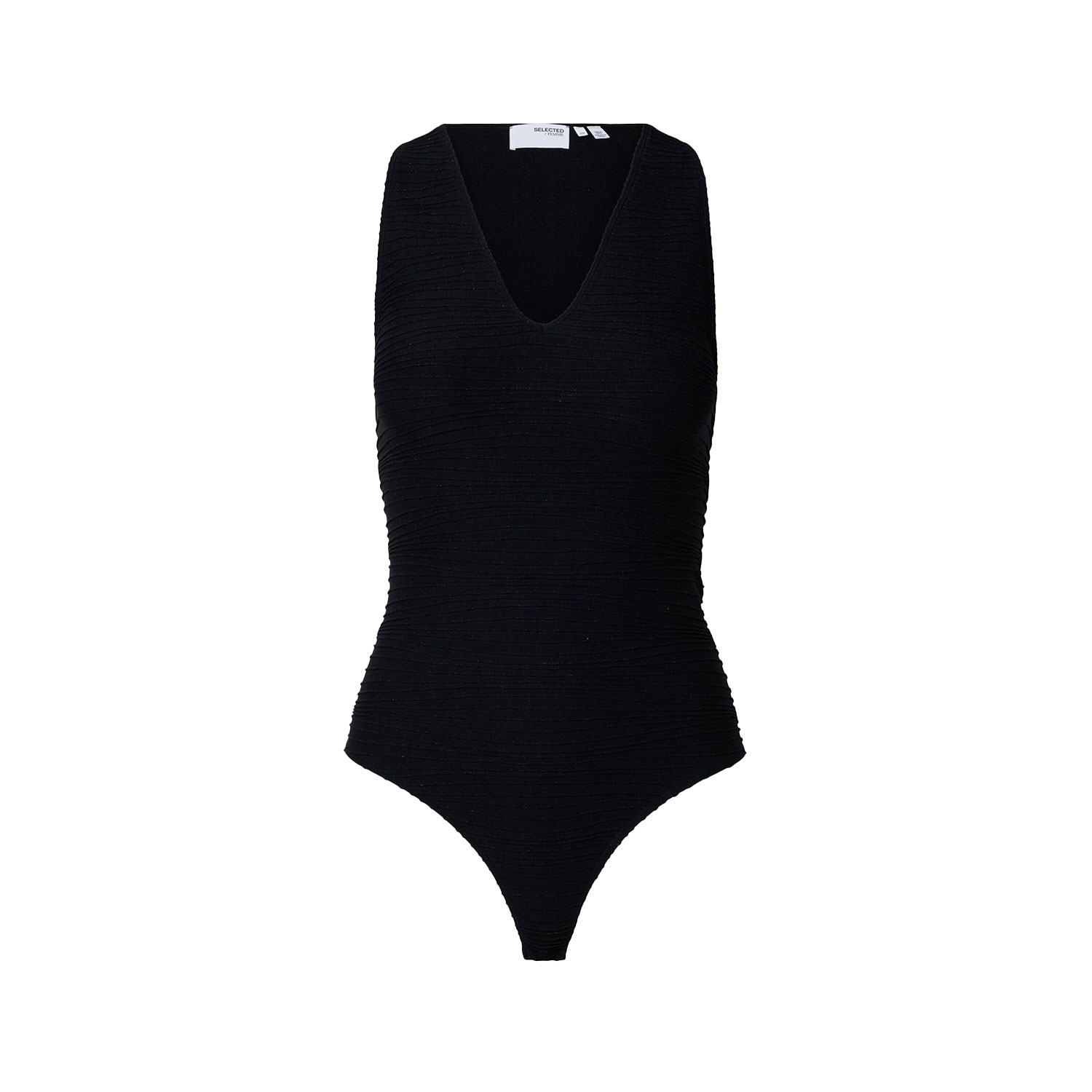 Selected Femme Vera Body mit Glitzer in Schwarz und mit einem V-Ausschnitt von Selected Femme vorne