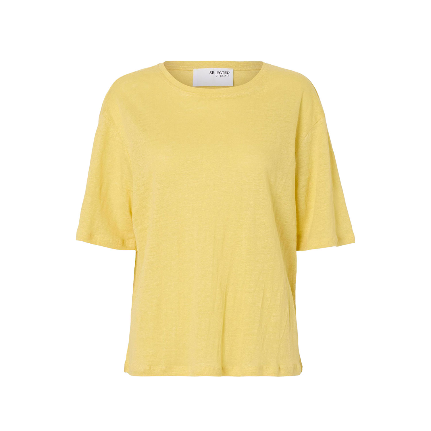 Selected Femme Vilja Leinen T-Shirt mit Rundhals-Ausschnitt in Gelb von Selected Femme. Vorne