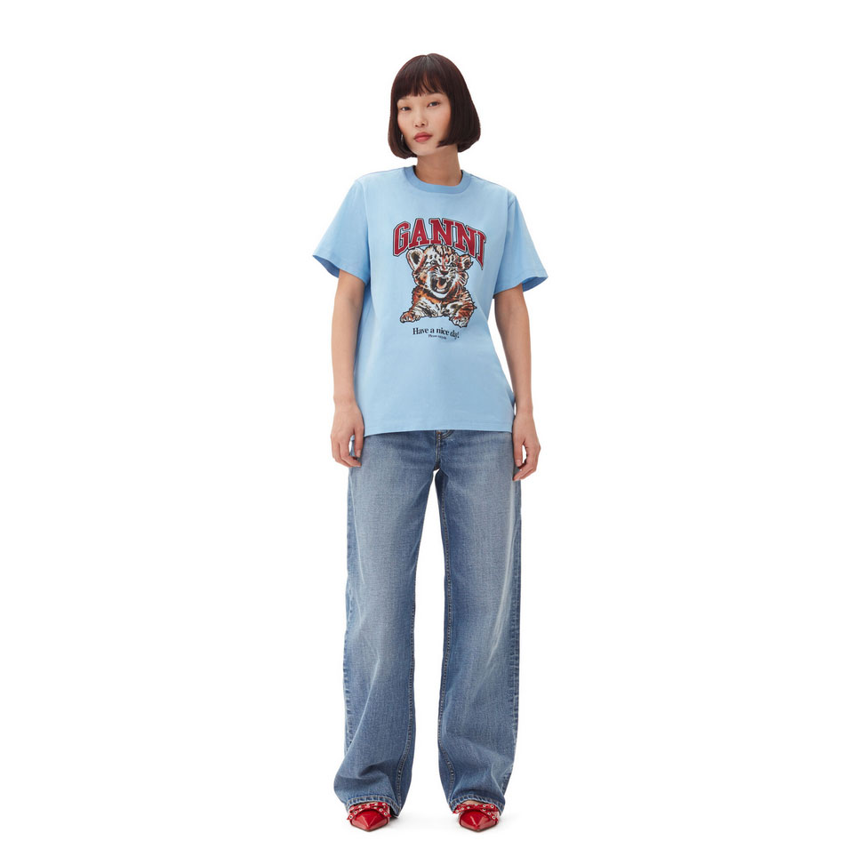 Ganni Tiger Relaxed Ganni T-Shirt Blau Model vorne