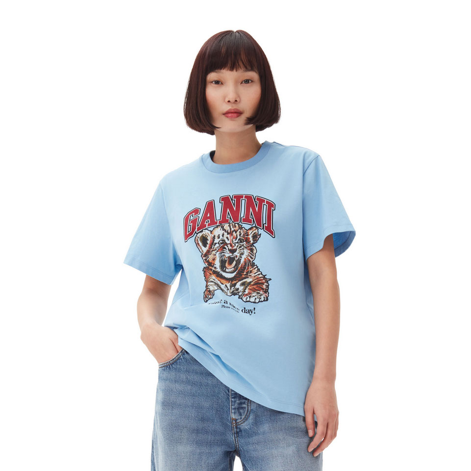 Ganni Tiger Relaxed Ganni T-Shirt Blau Model vorne